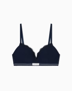 Triangular padded bra in ribbed fabric with lace detail