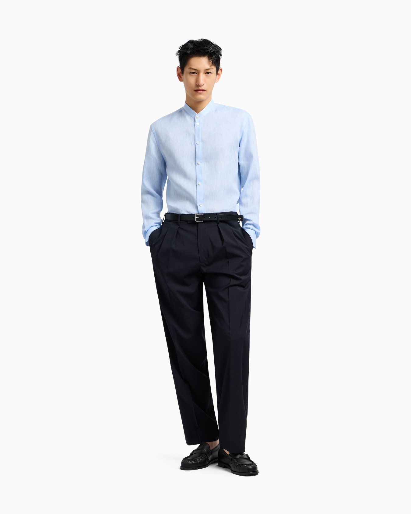 구루 칼라 린넨 샴브레이 셔츠 슬라이드 1
