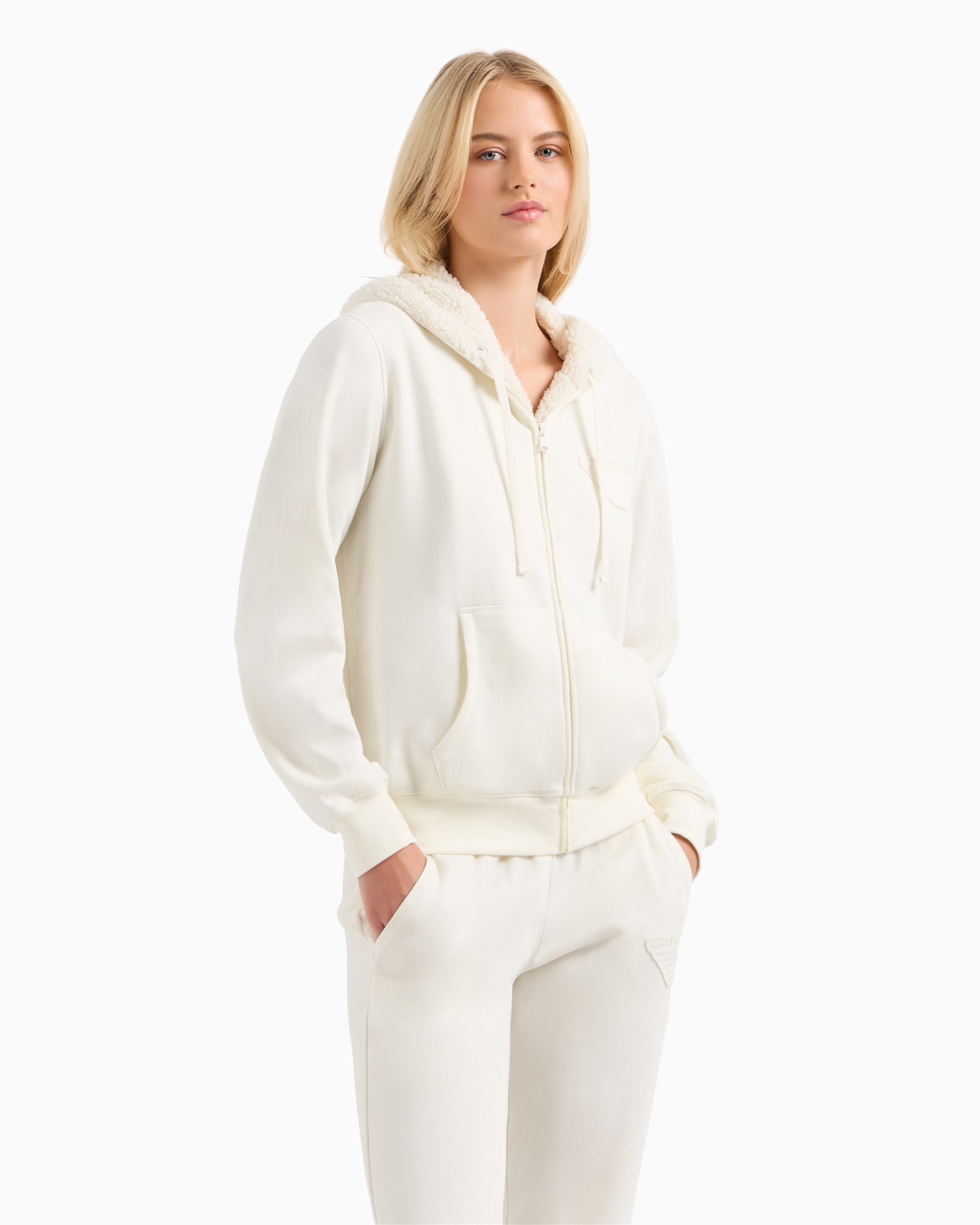Zipped, hooded loungewear sweatshirt with teddy-effect lining and eagle patch Slide 1