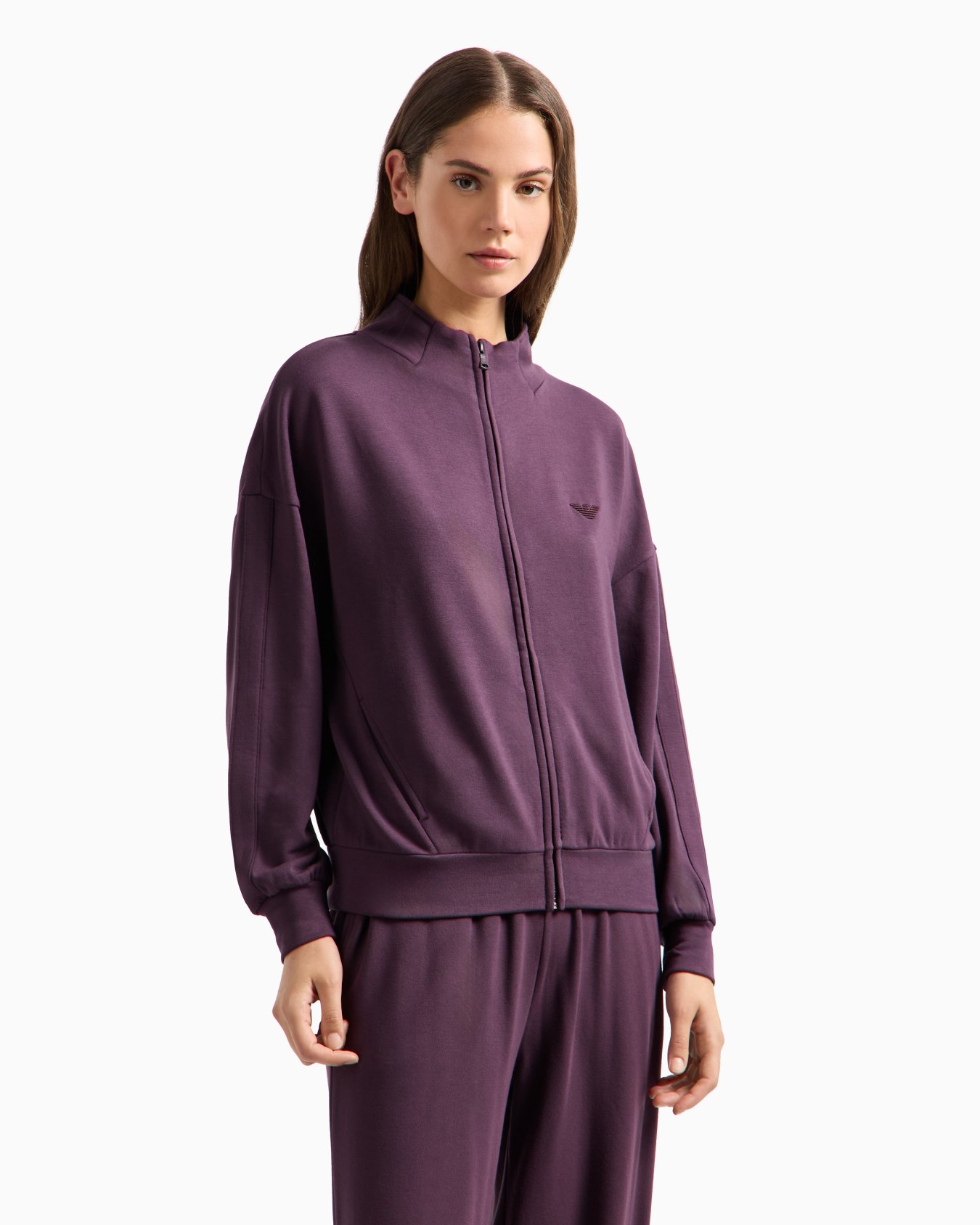 Full-zip loungewear sweatshirt in viscose with micro eagle embroidery Slide 1