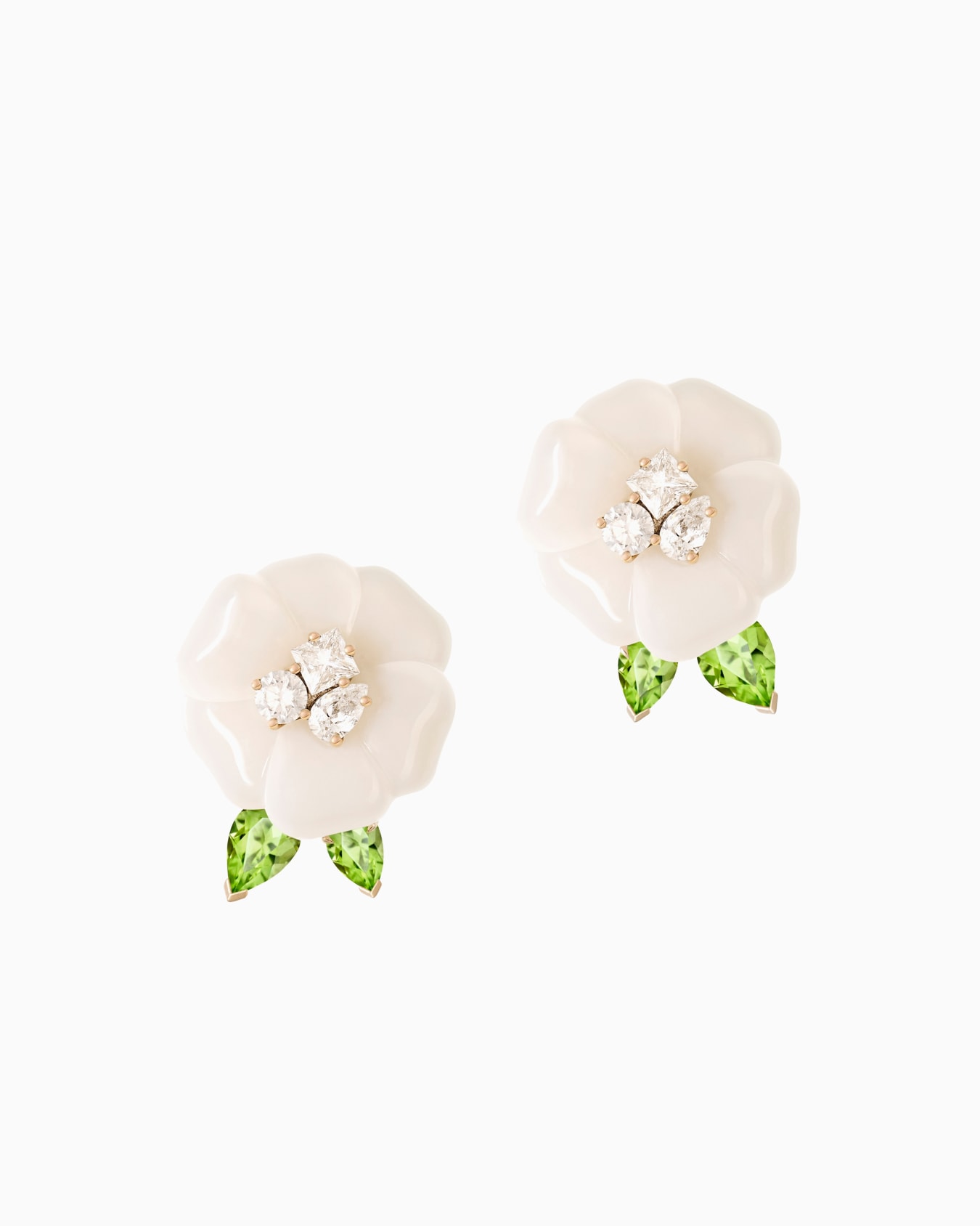 Blanche 18k gold earrings with white agate, diamonds and peridot Slide 0