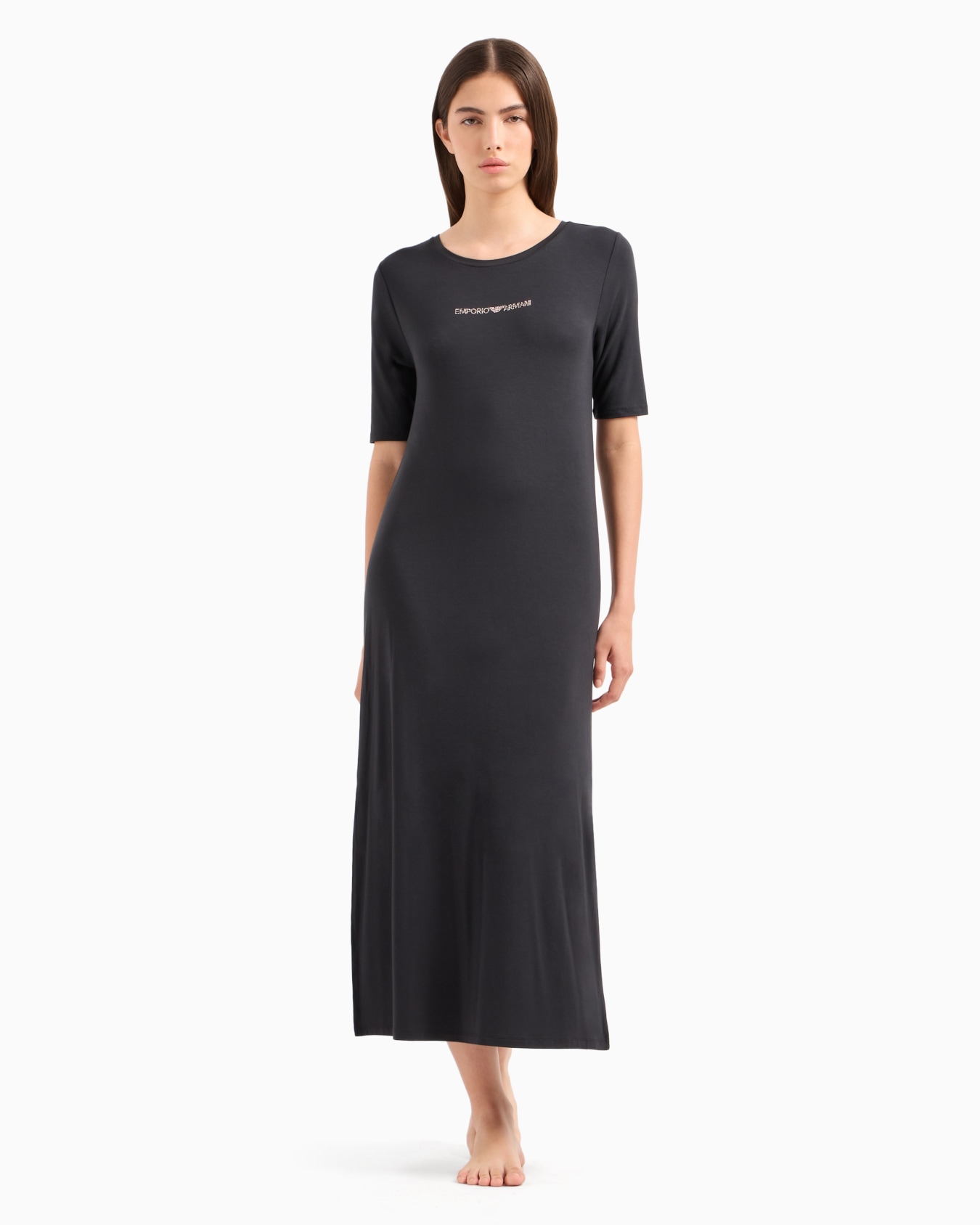 Stretch-viscose long beachwear dress with micro-studded logo Slide 1