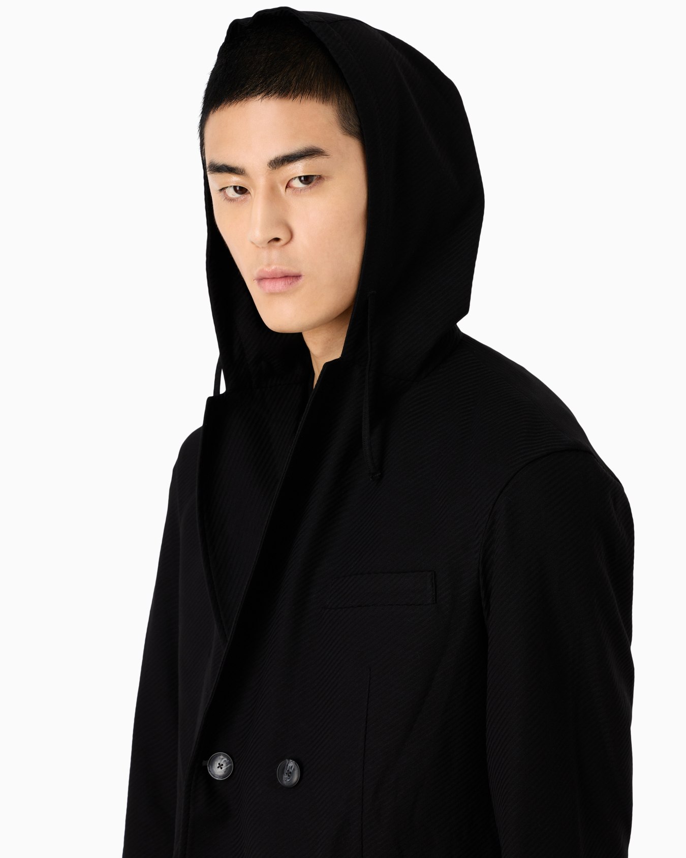 Double-breasted jacket with hood in jacquard jersey Slide 5