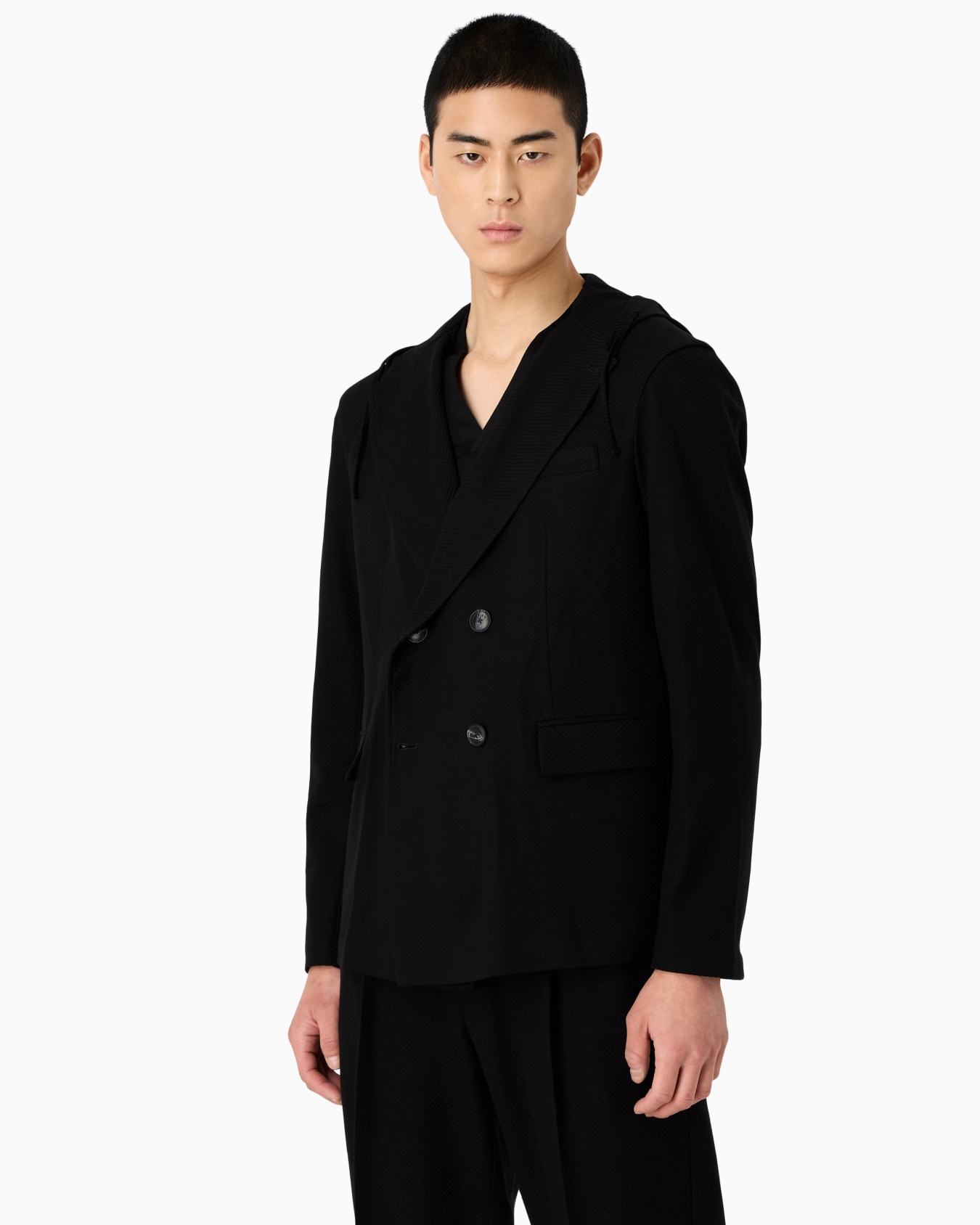 Double-breasted jacket with hood in jacquard jersey Slide 2