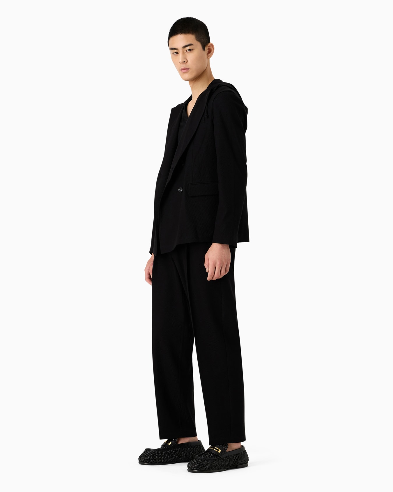 Double-breasted jacket with hood in jacquard jersey Slide 4