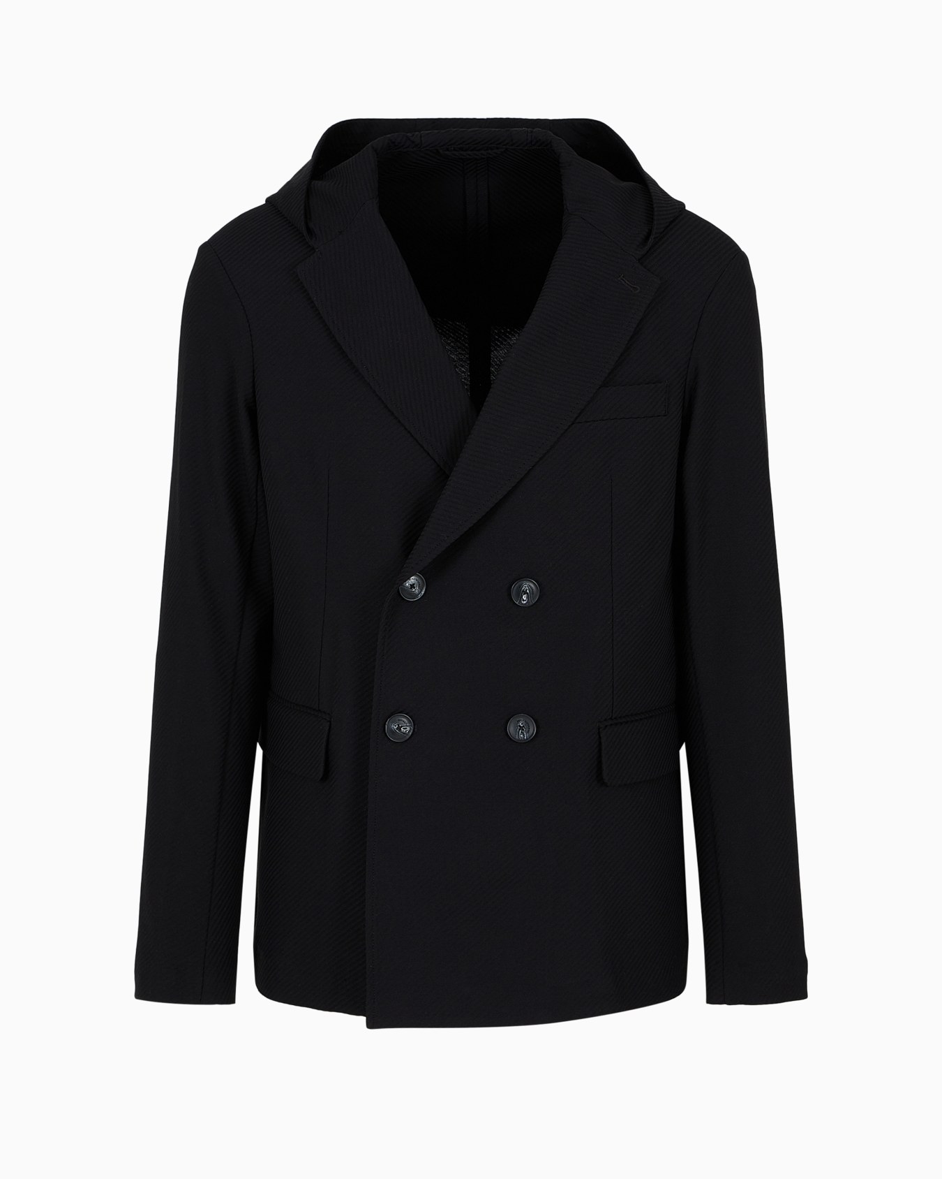 Double-breasted jacket with hood in jacquard jersey Slide 0
