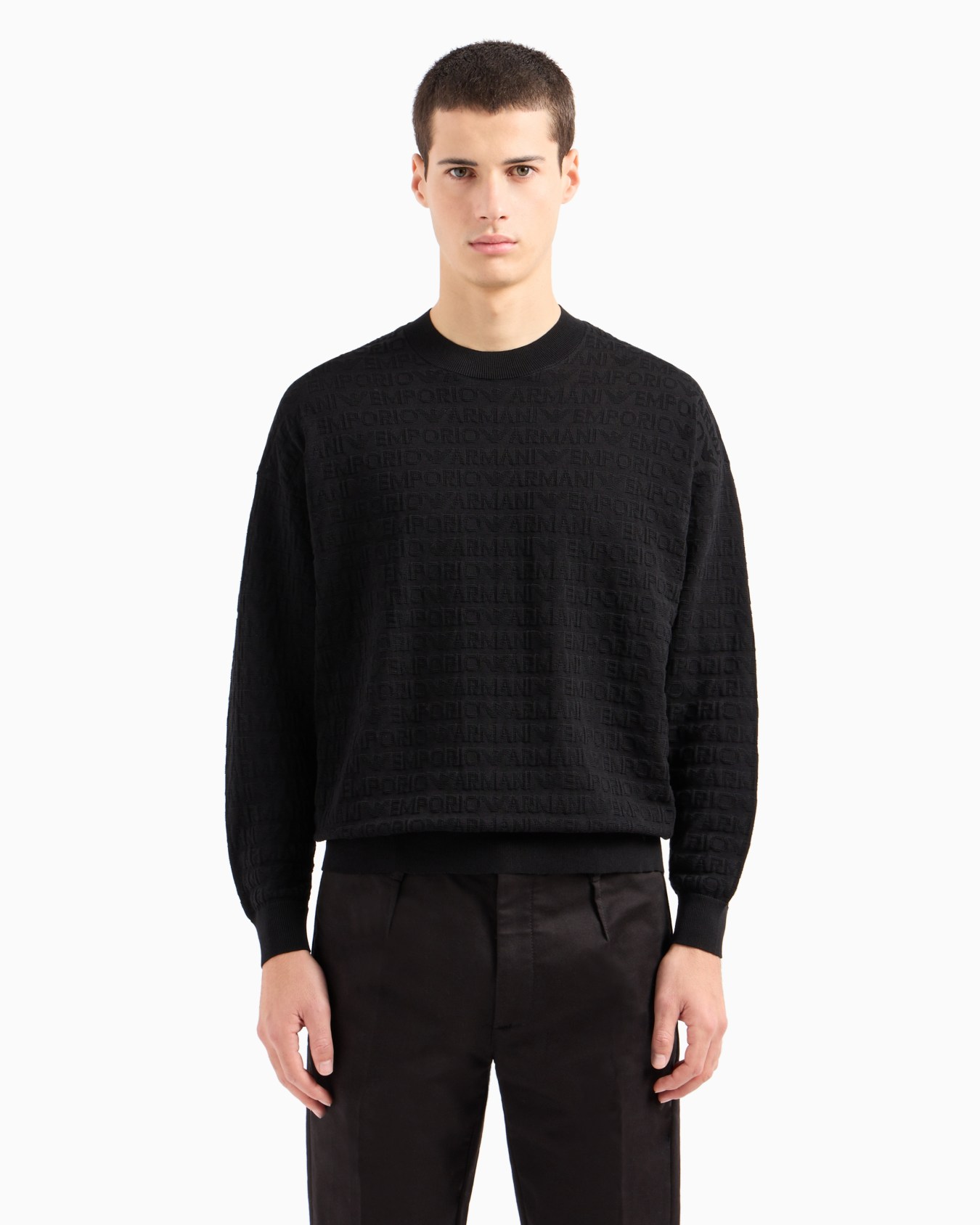 Cotton jumper with all-over jacquard lettering Slide 1