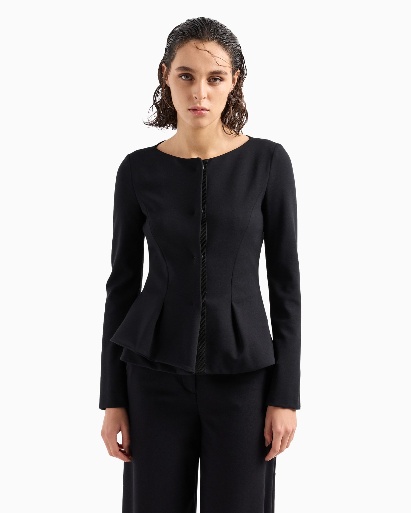 Flared single-breasted jacket in stretch Milano-stitch fabric Slide 1