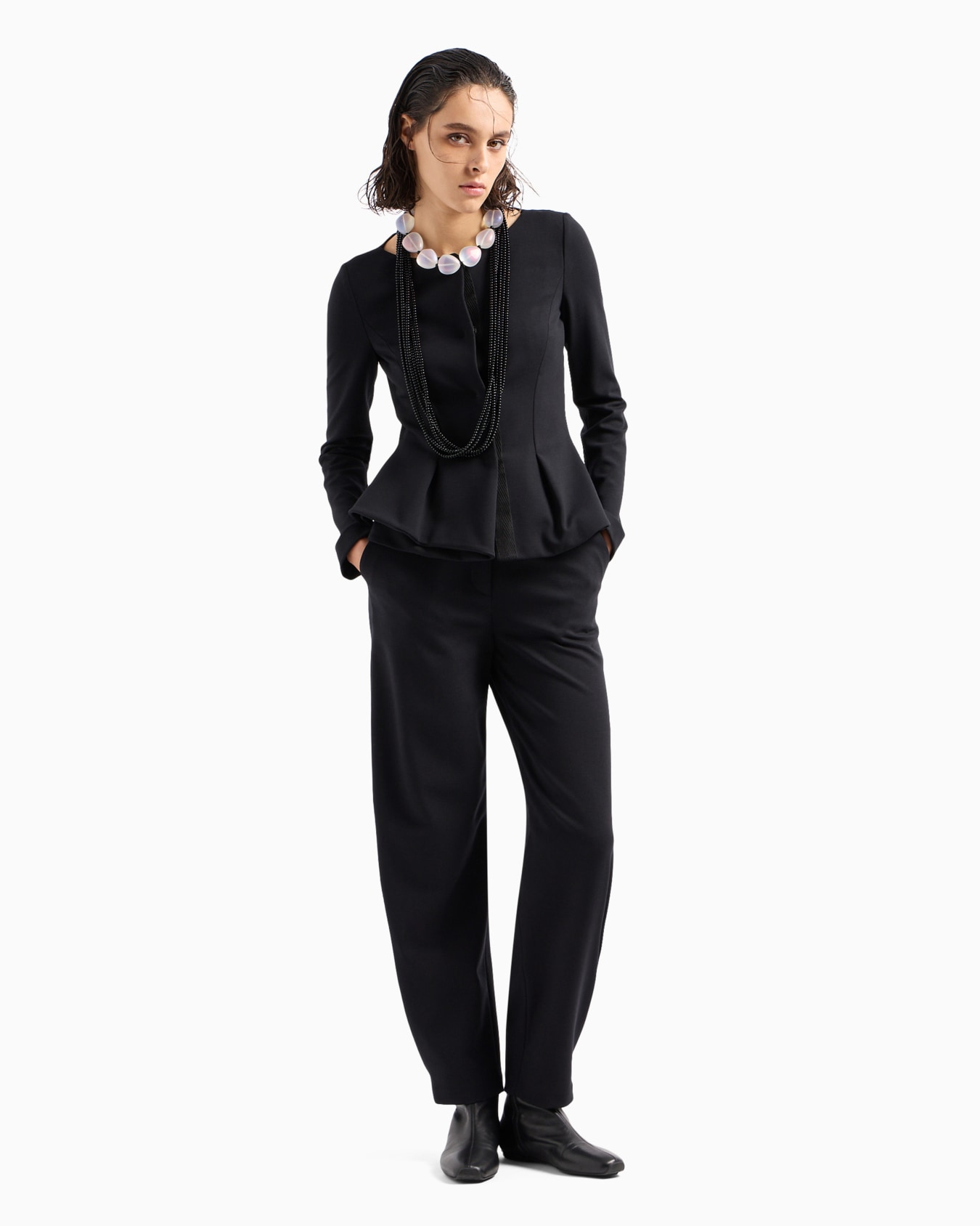 Flared single-breasted jacket in stretch Milano-stitch fabric Slide 3