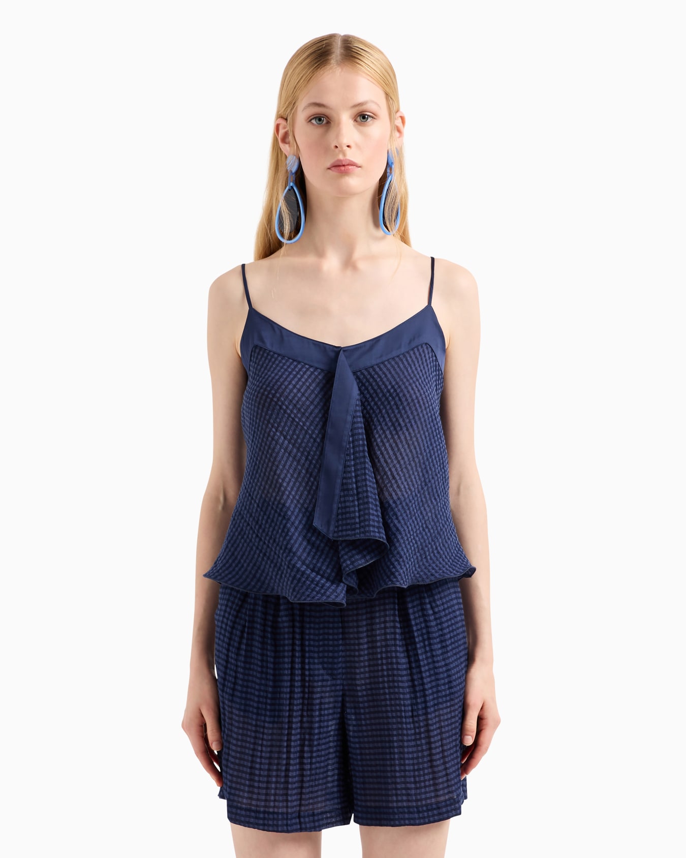 Ruffle top in gingham-effect seersucker fabric Slide 1