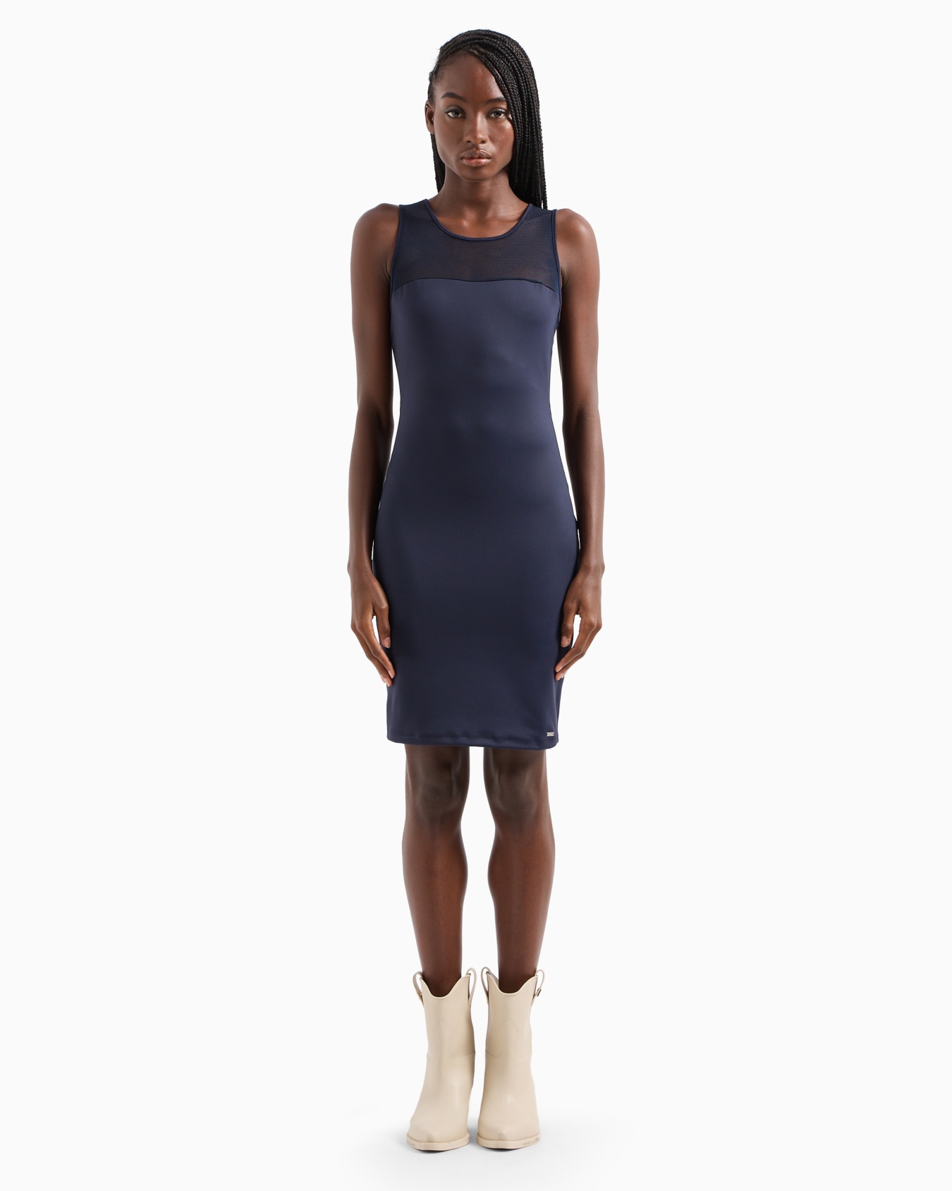 Stretch jersey sheath dress with mesh insert Diapositiva 1