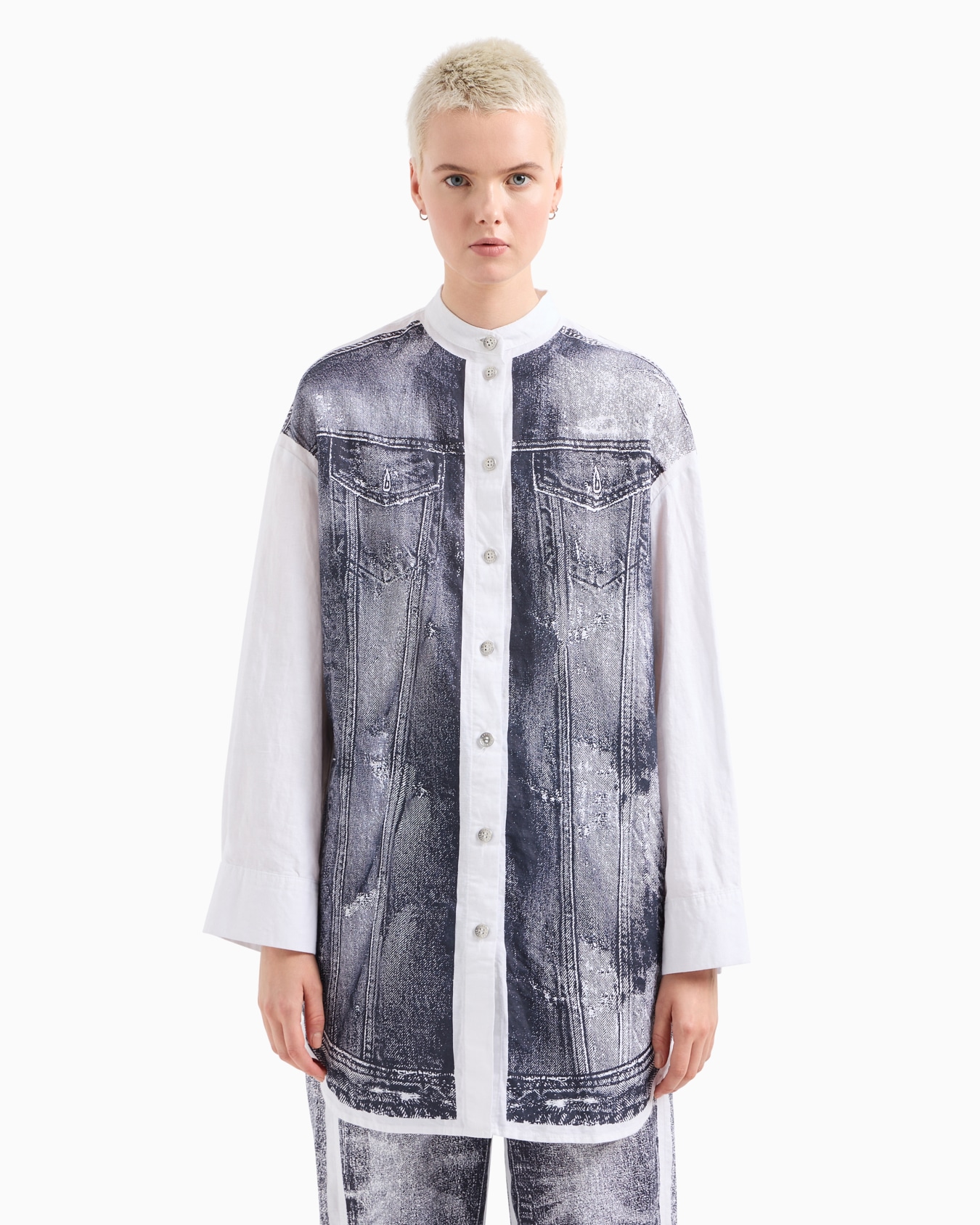 Oversized linen and cotton shirt with denim print insert Slide 1
