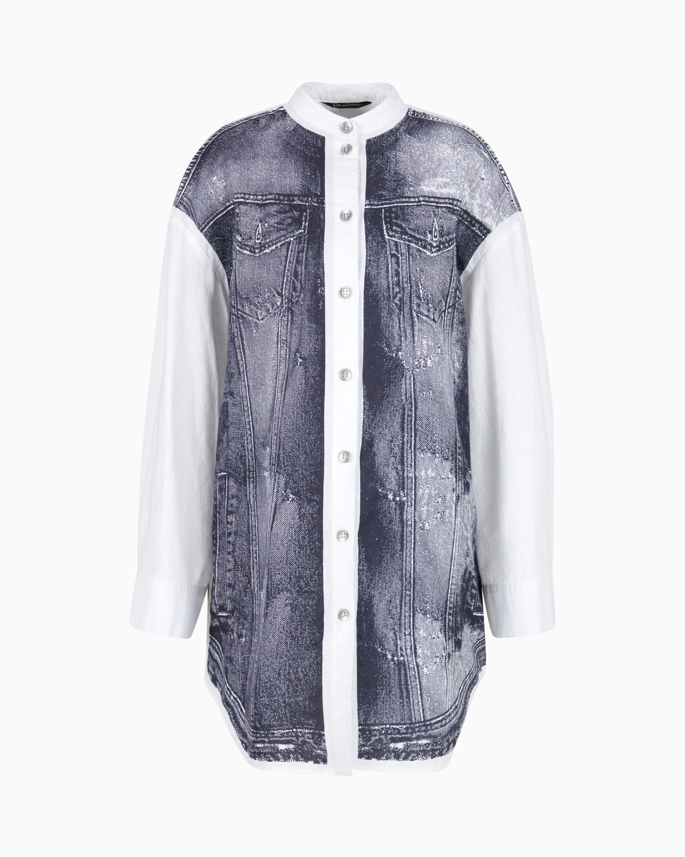 Oversized linen and cotton shirt with denim print insert Slide 0