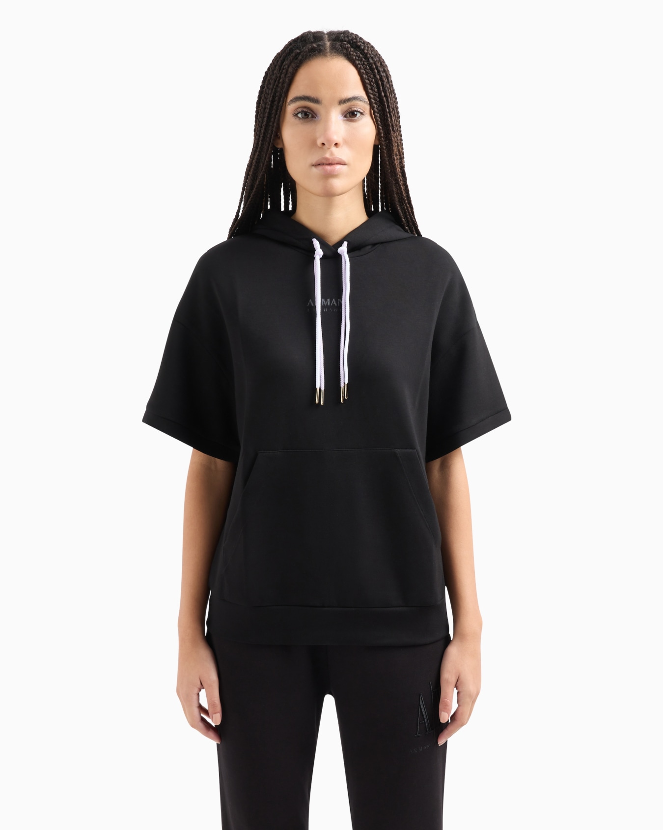 Short-sleeved hooded sweatshirt in scuba fabric Diapositiva 1
