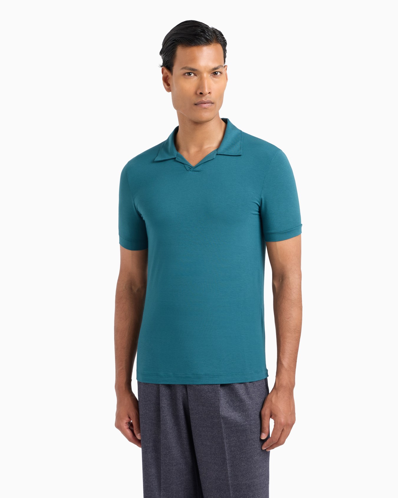 Stretch viscose jersey short-sleeved polo shirt Slide 1