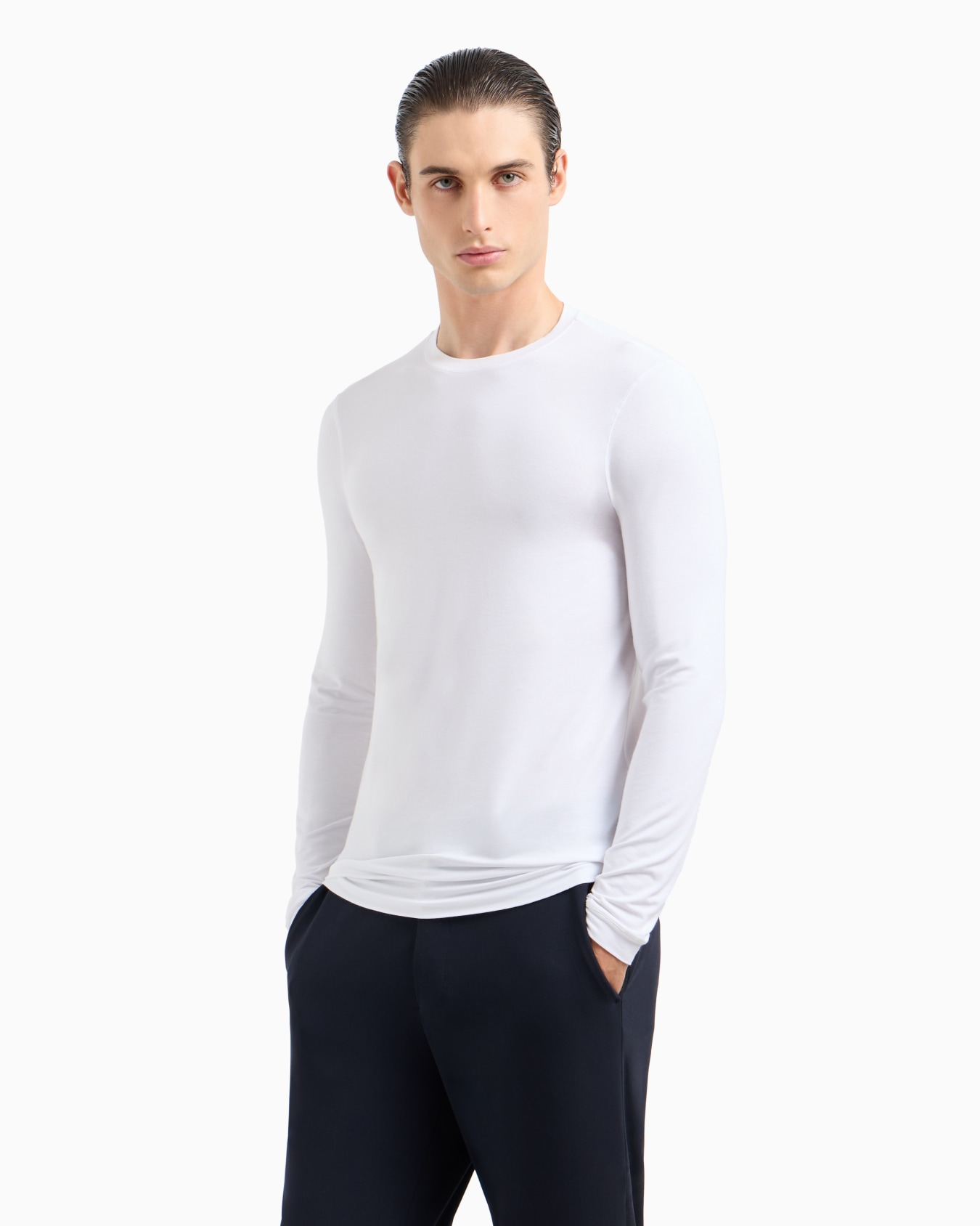Stretch viscose jersey jumper with crew neck and long sleeves Slide 3