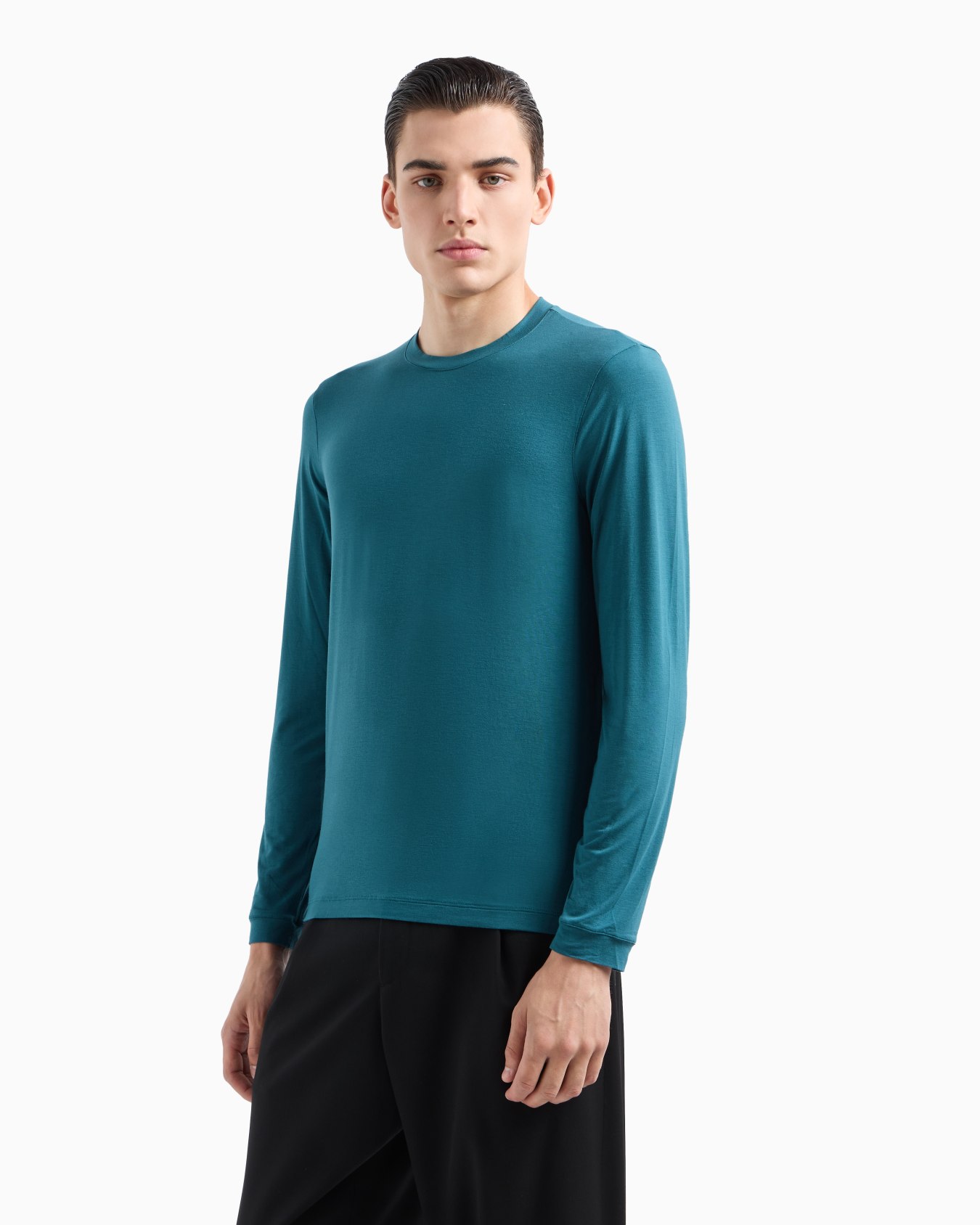 Stretch viscose jersey jumper with crew neck and long sleeves Slide 1