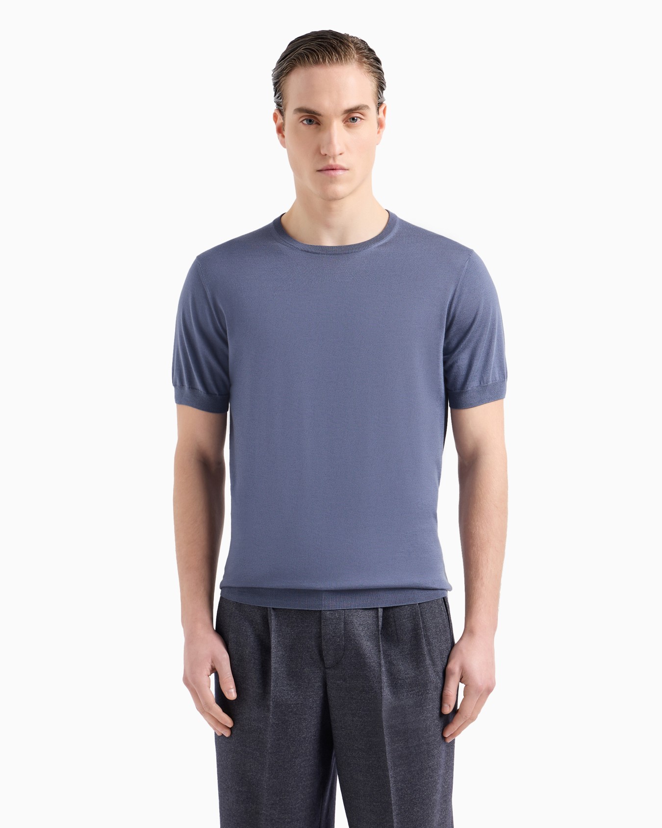 Maglia girocollo a manica corta in seta e cotone Slide 1