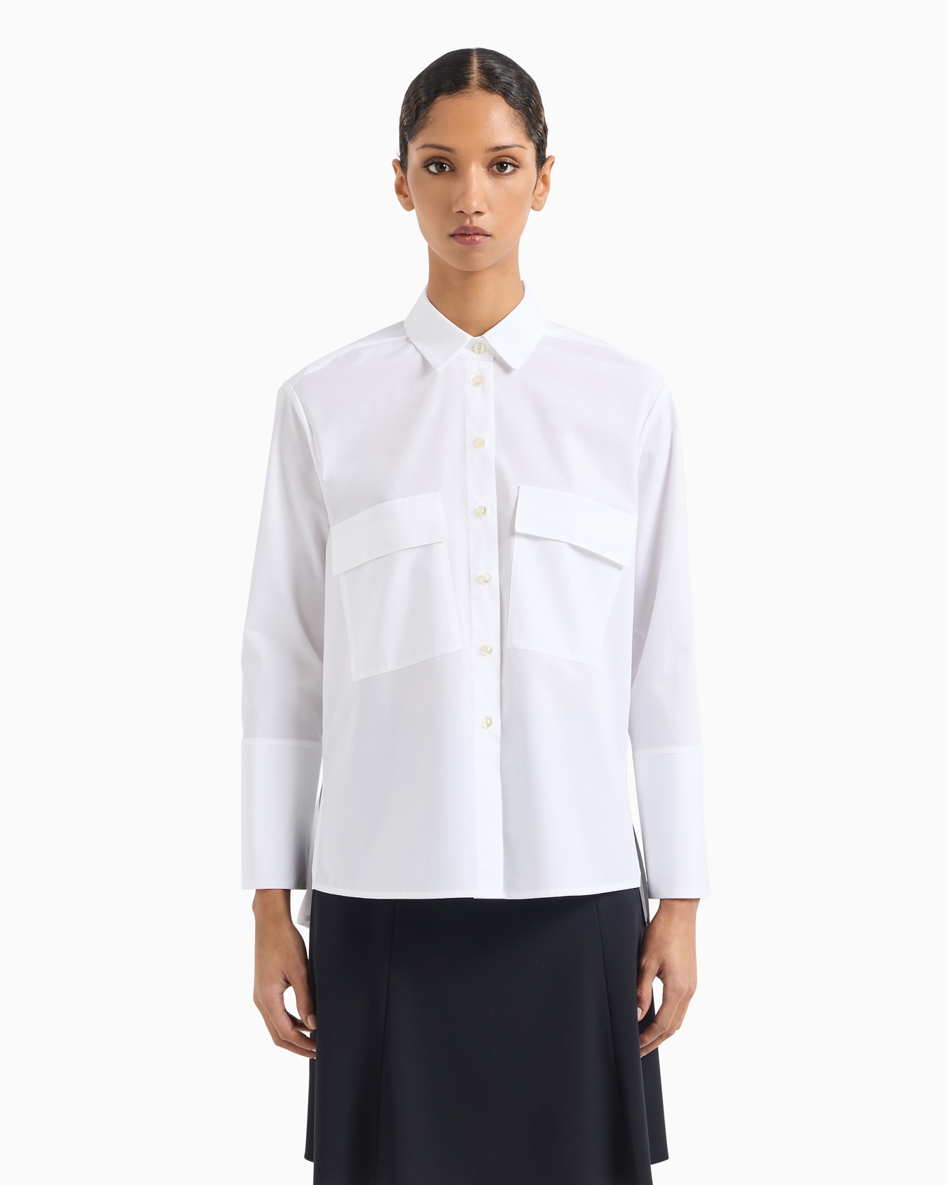 Maxi camicia in popeline a righe con tasche a toppa Slide 1