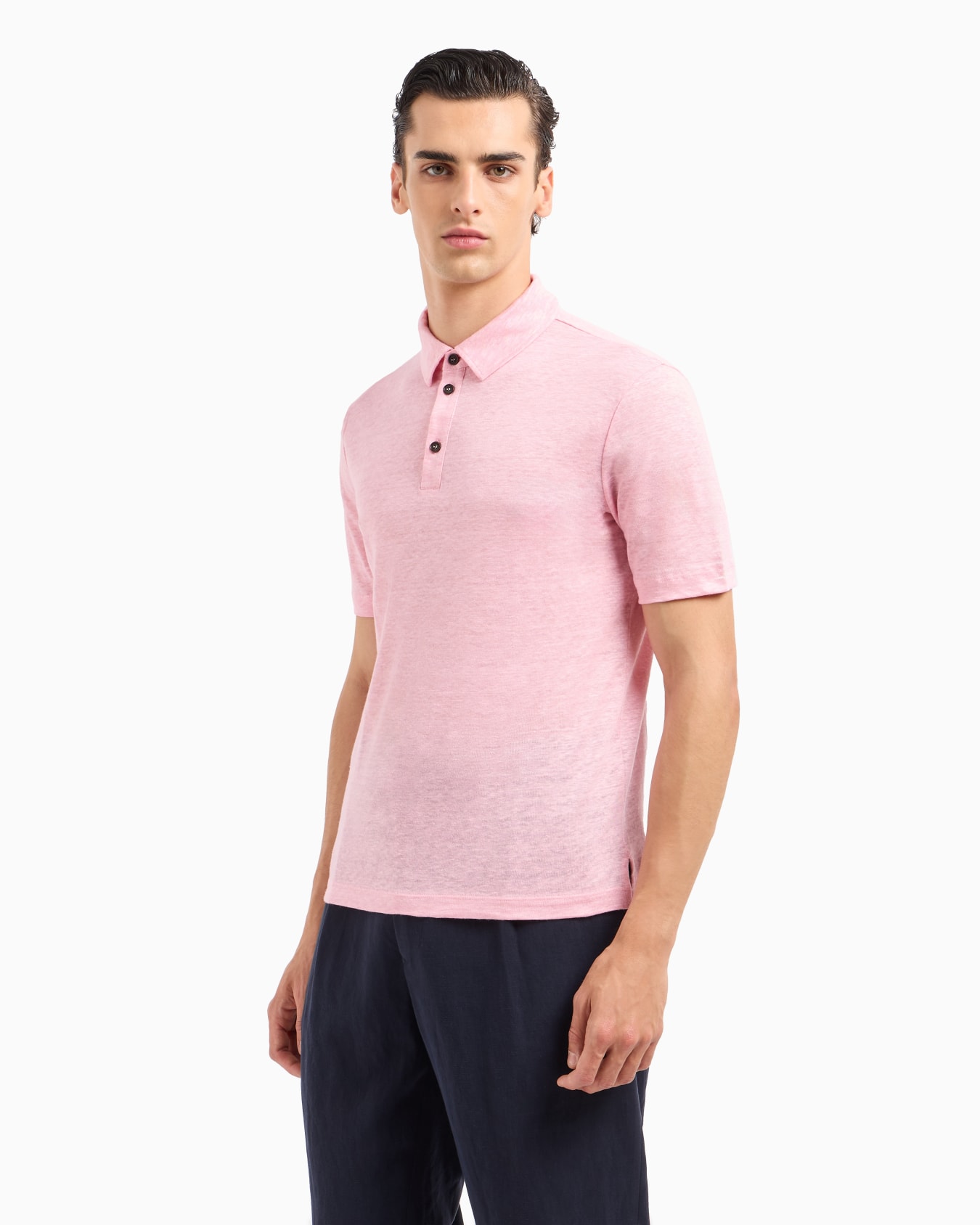 Short-sleeved polo shirt in pure linen jersey Slide 1