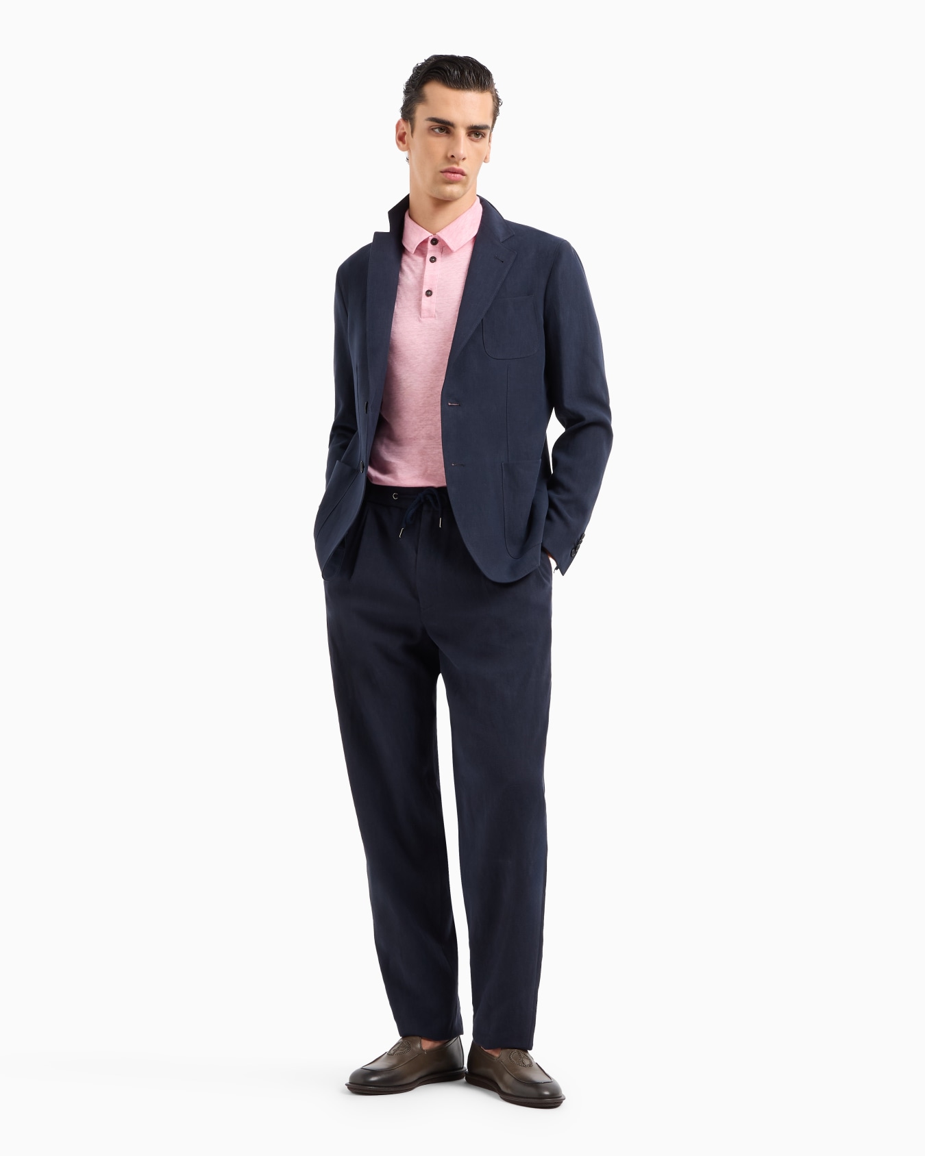 Short-sleeved polo shirt in pure linen jersey Slide 3
