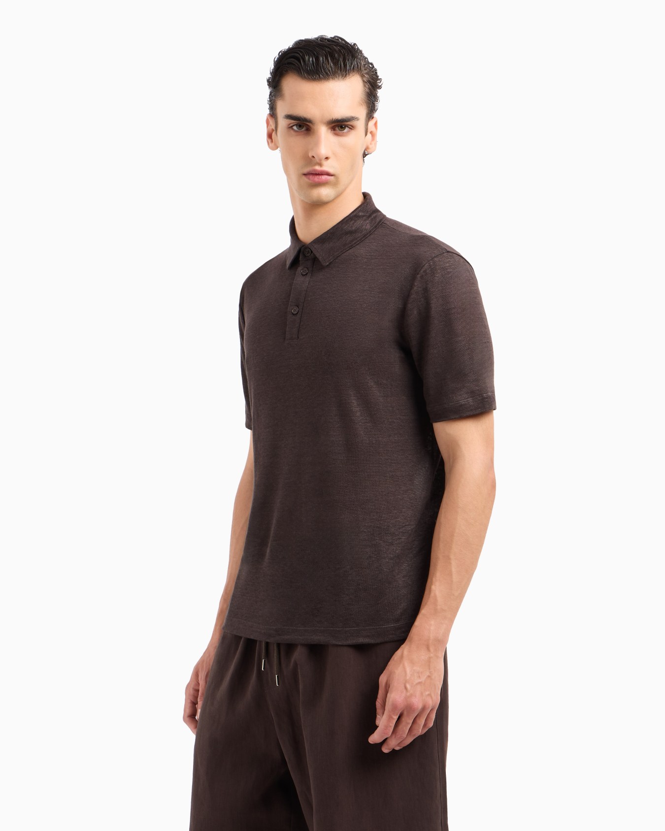 Short-sleeved polo shirt in pure linen jersey Slide 1