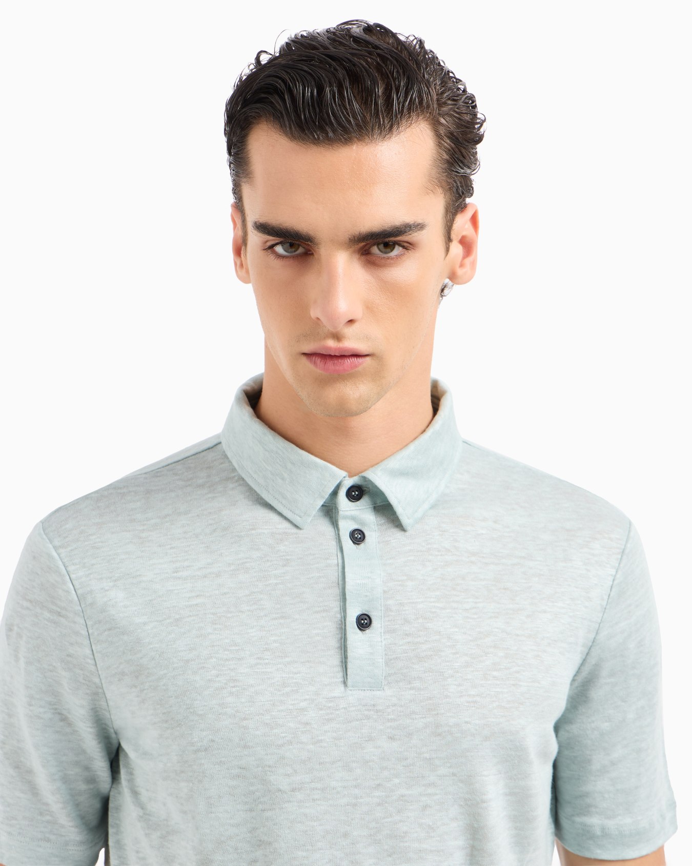 Short-sleeved polo shirt in pure linen jersey Slide 4