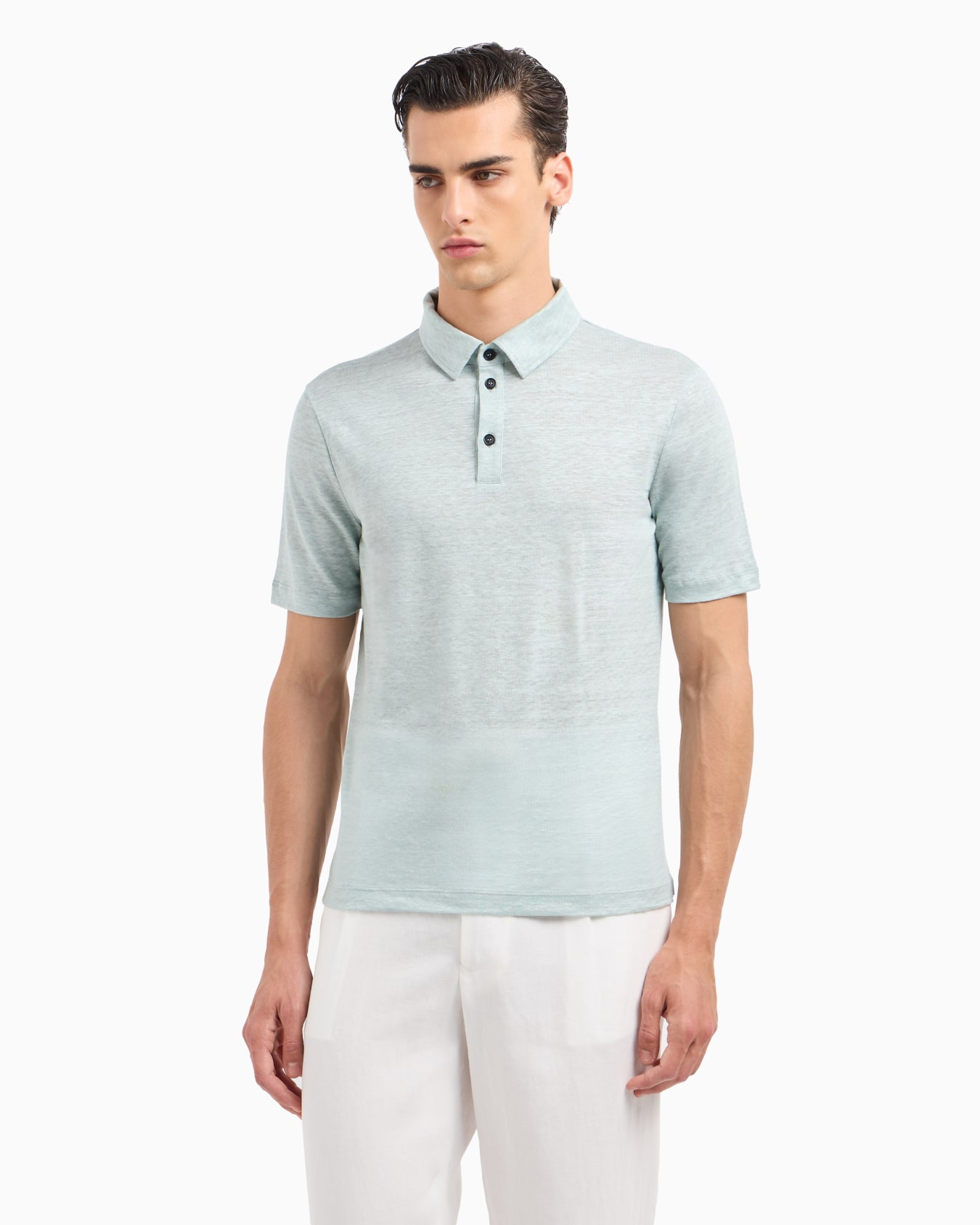 Short-sleeved polo shirt in pure linen jersey Slide 1