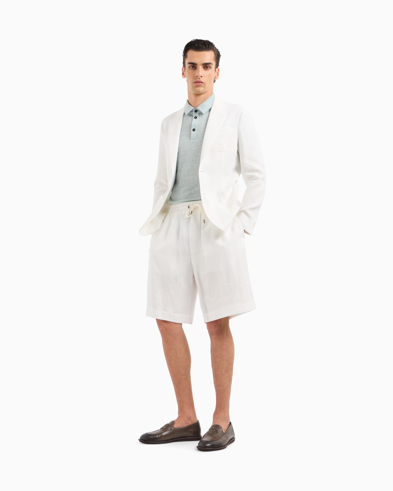 Pure linen canvas flat-front Bermuda shorts Slide 1