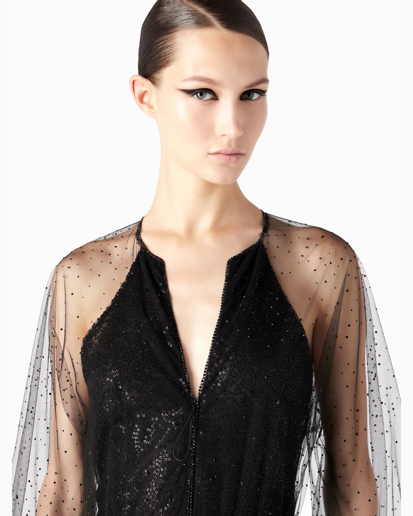 Silk and tulle long dress with all-over rhinestones Slide 5
