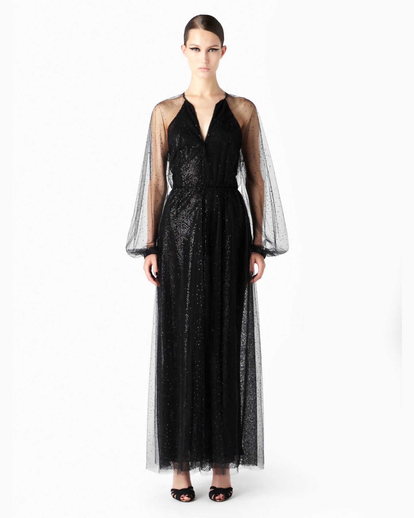 Silk and tulle long dress with all-over rhinestones Slide 1