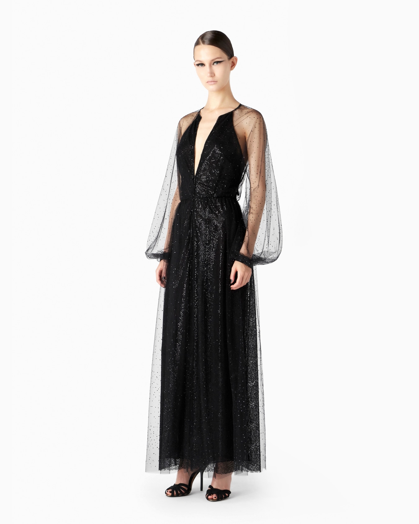 Silk and tulle long dress with all-over rhinestones Slide 3