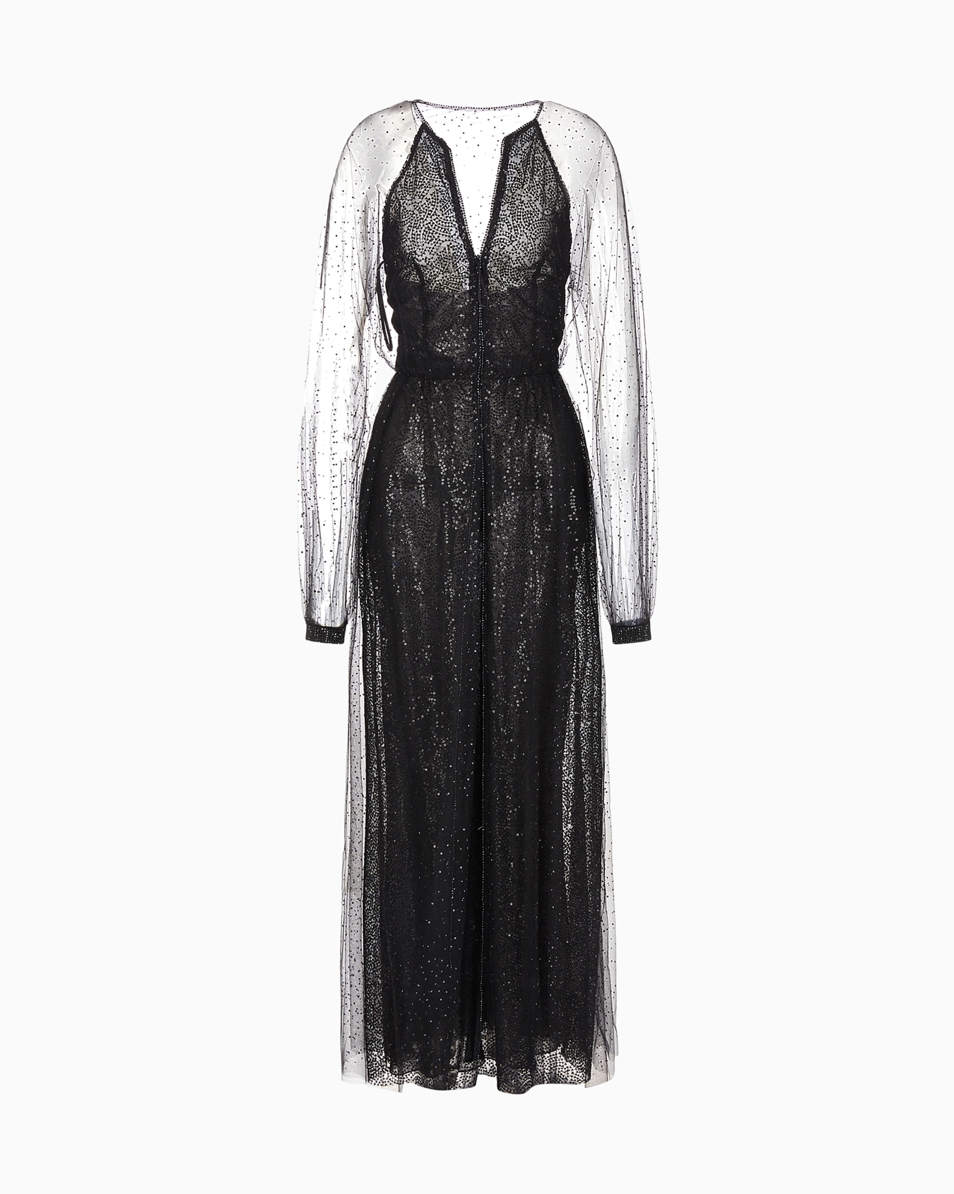 Silk and tulle long dress with all-over rhinestones Slide 0