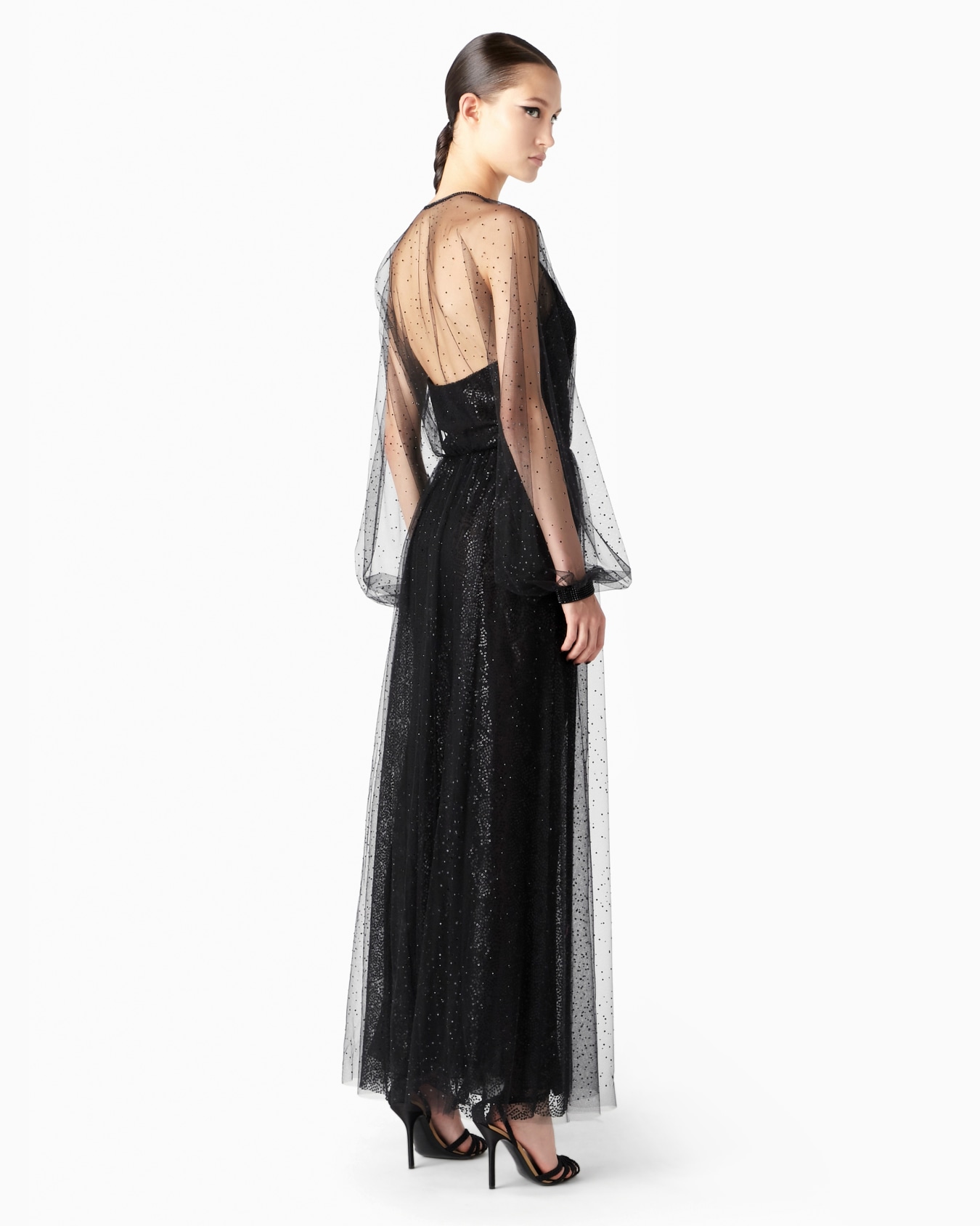 Silk and tulle long dress with all-over rhinestones Slide 2