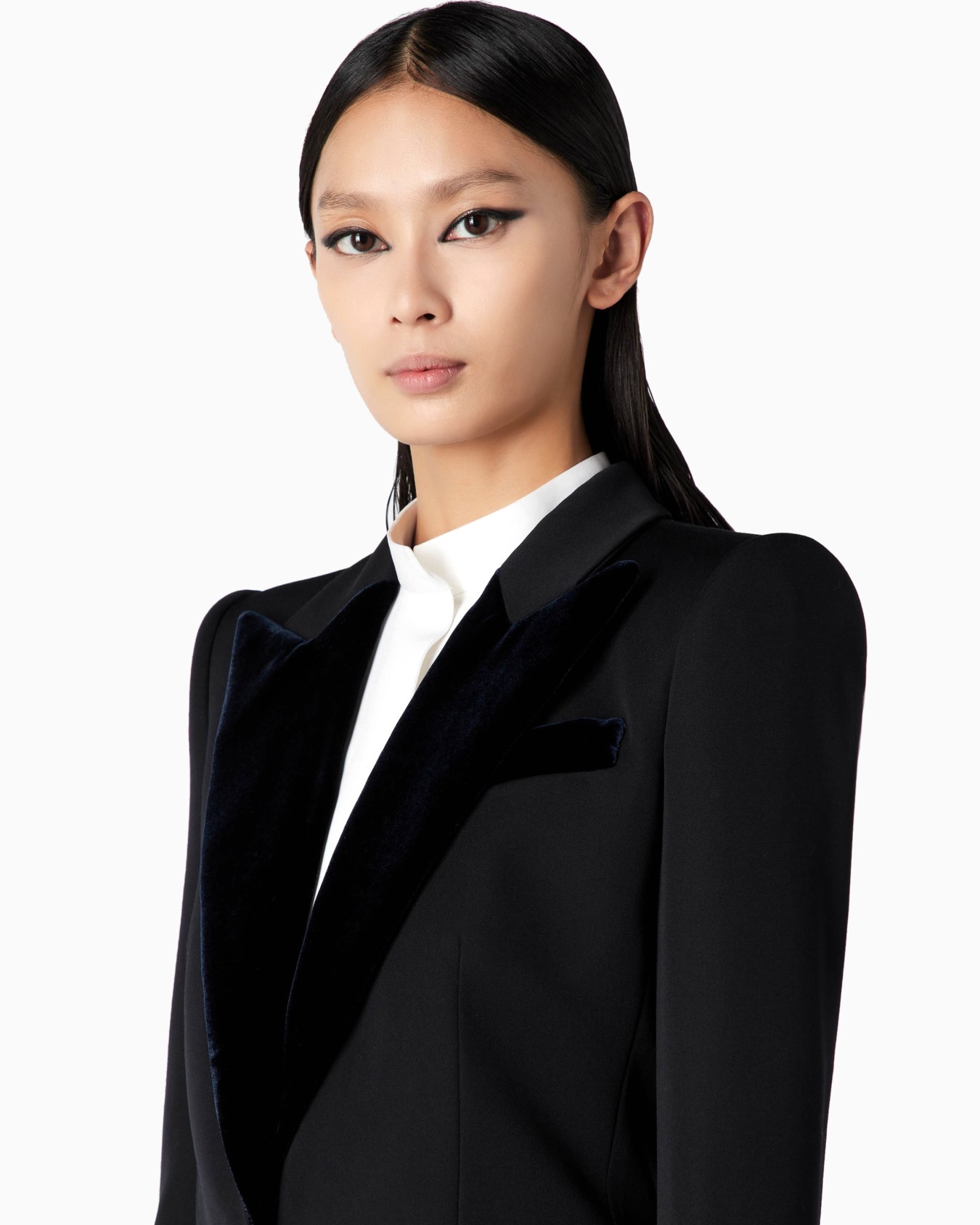Chaqueta de abotonadura sencilla en grain de poudre de lana y terciopelo Diapositiva 4