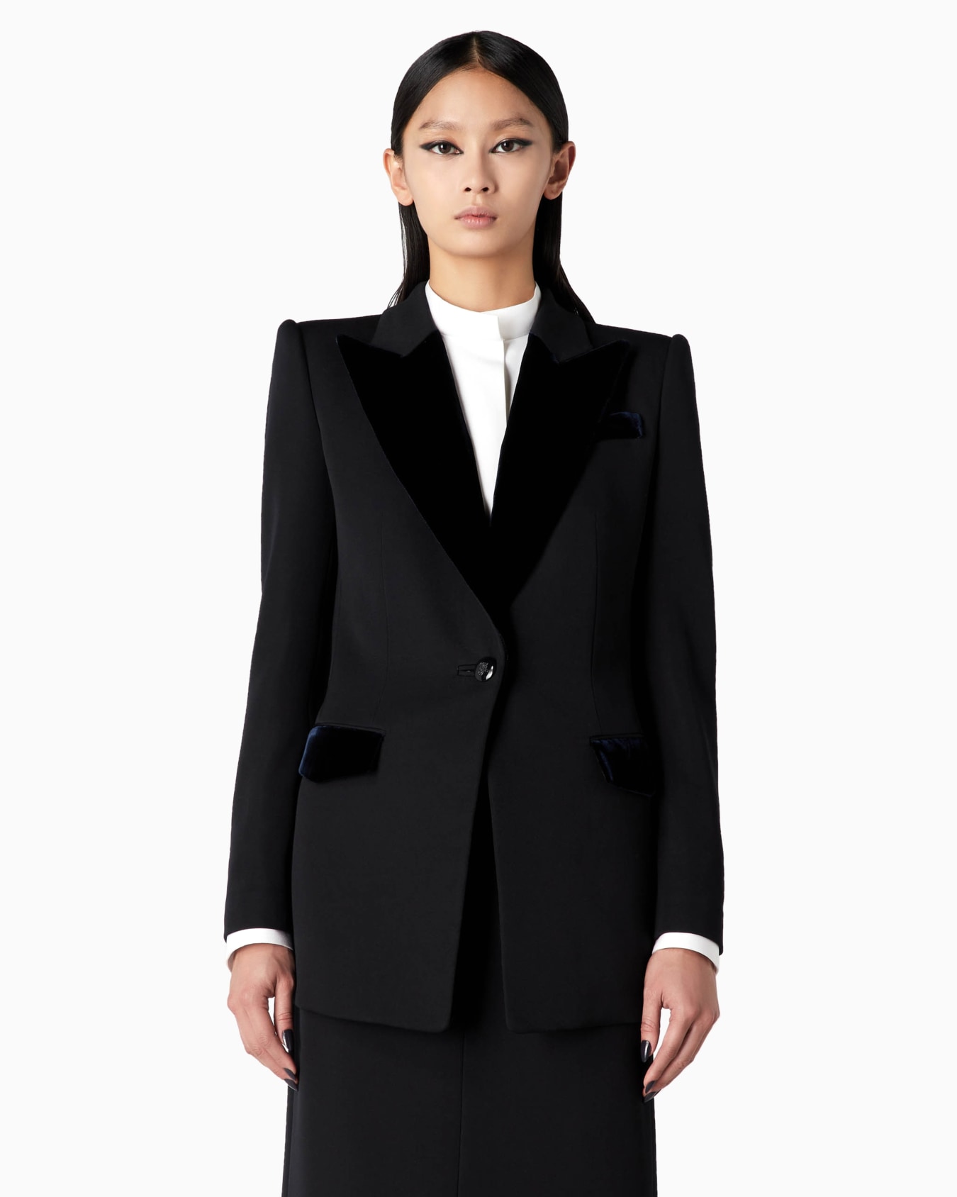 Chaqueta de abotonadura sencilla en grain de poudre de lana y terciopelo Diapositiva 1