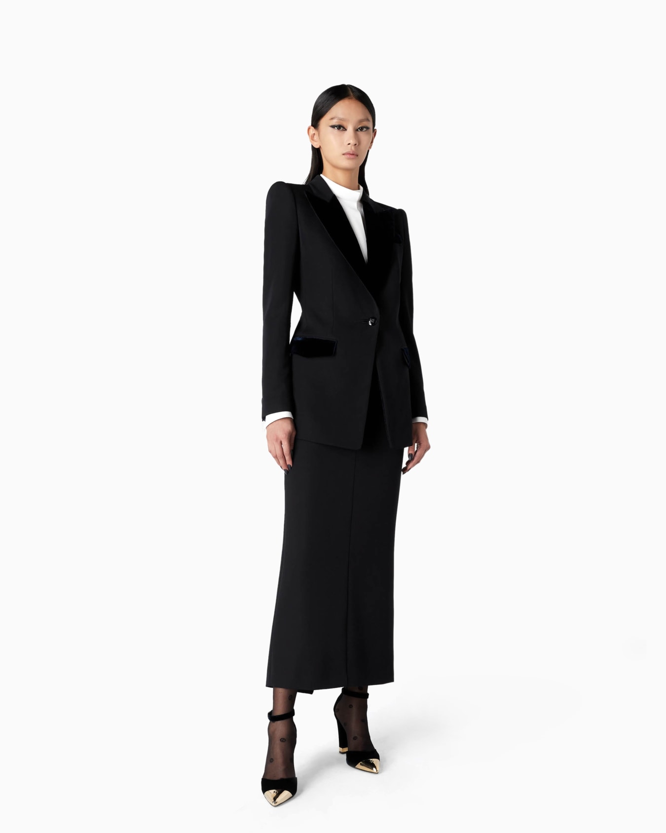 Chaqueta de abotonadura sencilla en grain de poudre de lana y terciopelo Diapositiva 3