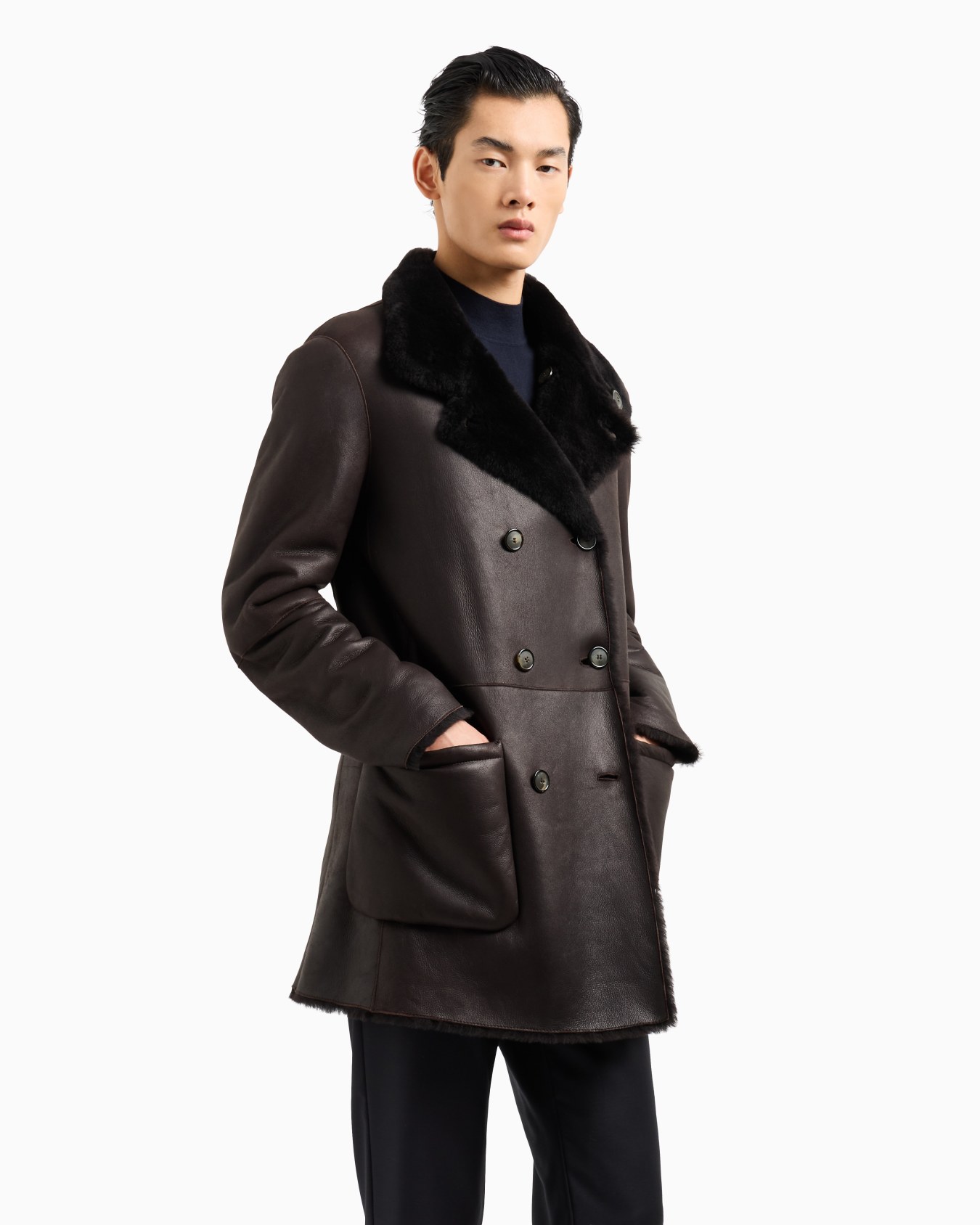 Reversible, double-breasted sheepskin pea coat Slide 6