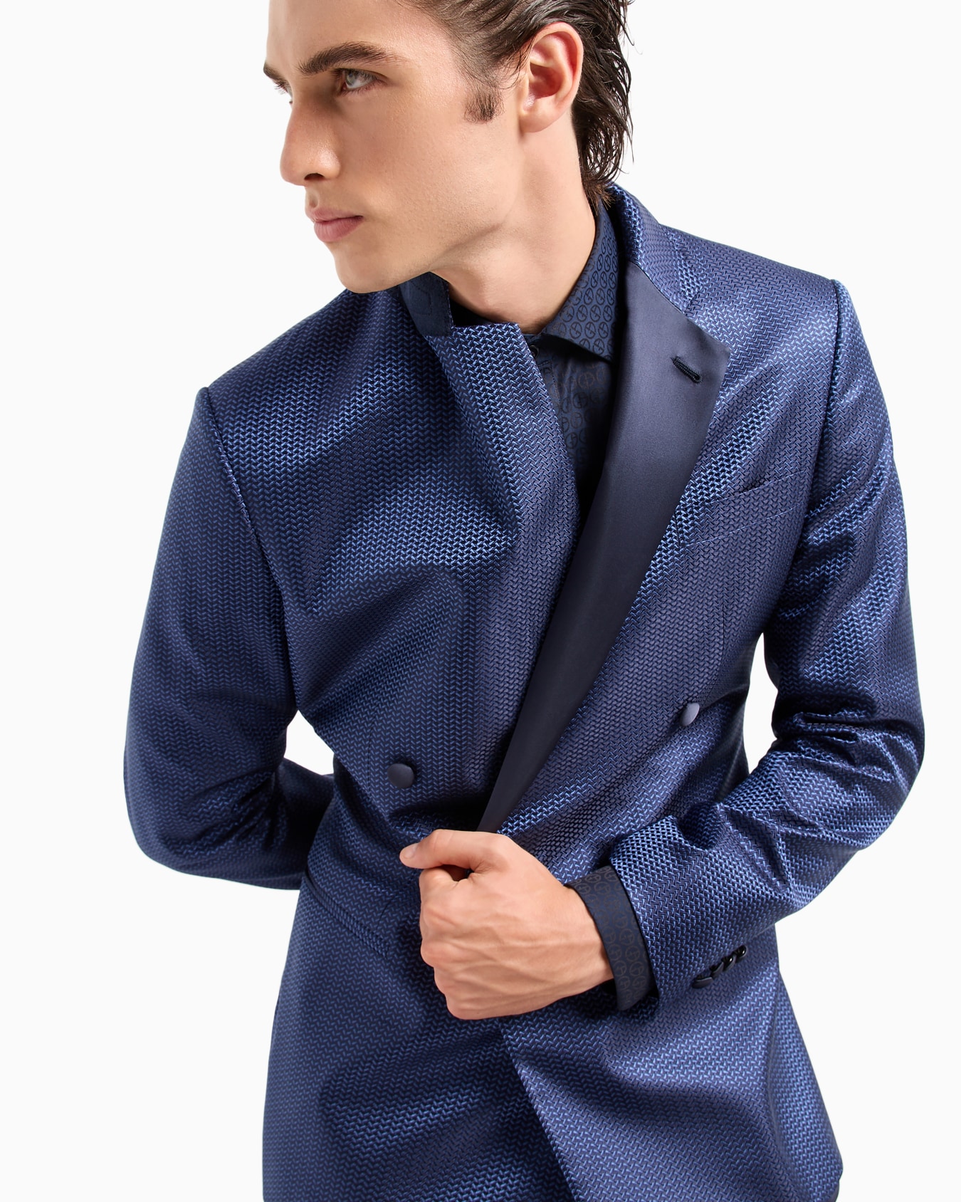 Soho line double-breasted tuxedo jacket in silk jacquard Diapositiva 5