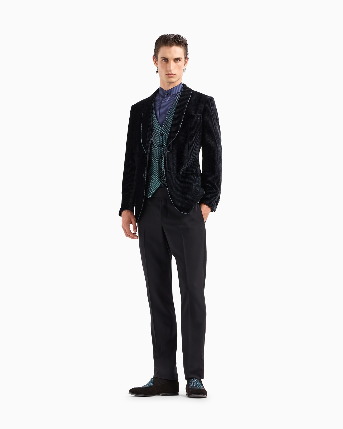 Single-breasted wool-crêpe waistcoat with rhinestone embroidery Diapositiva 1