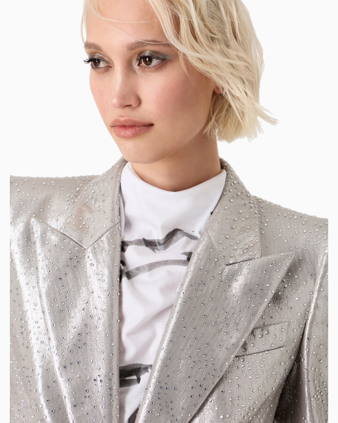 Long single-breasted jacket in silk and tulle with rhinestone embroidery Diapositiva 4