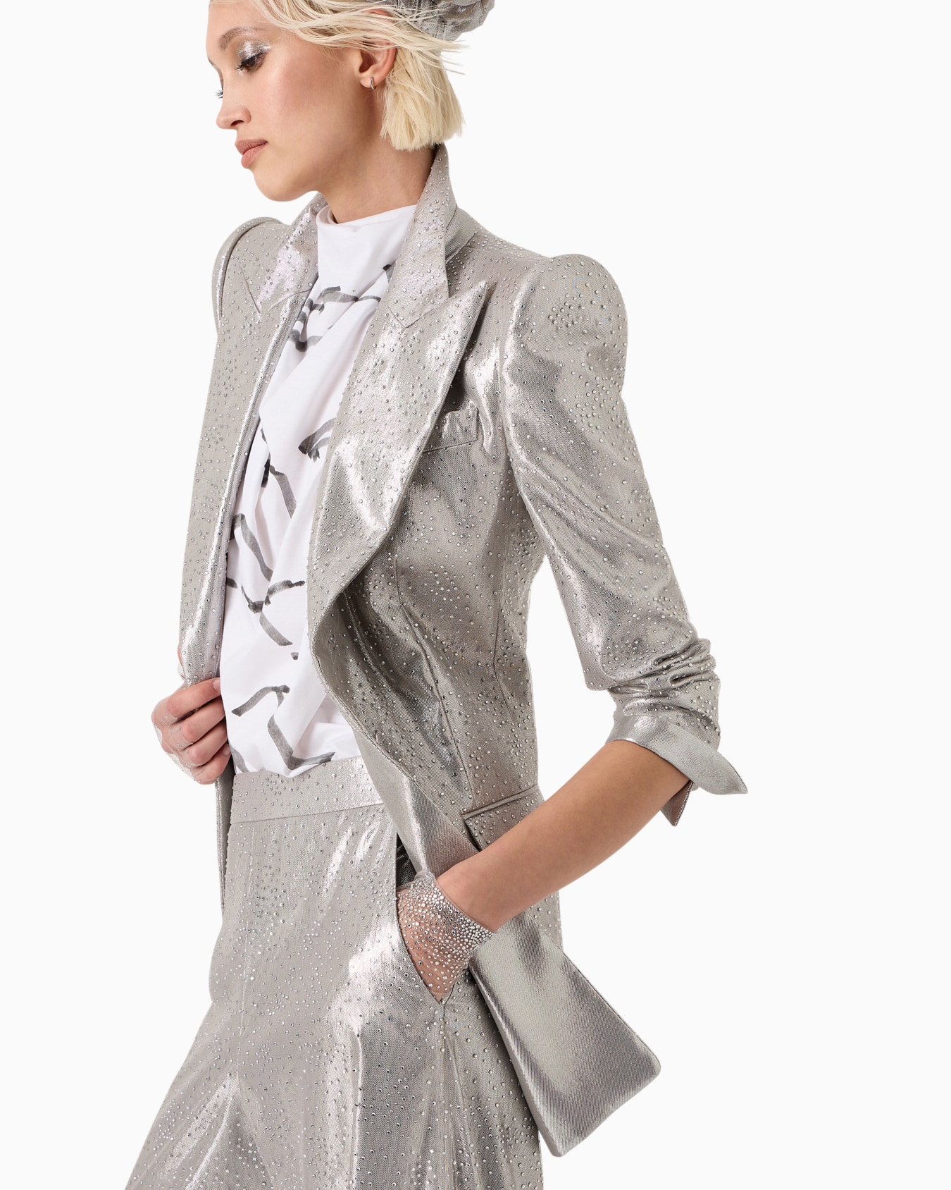 Long single-breasted jacket in silk and tulle with rhinestone embroidery Diapositiva 6