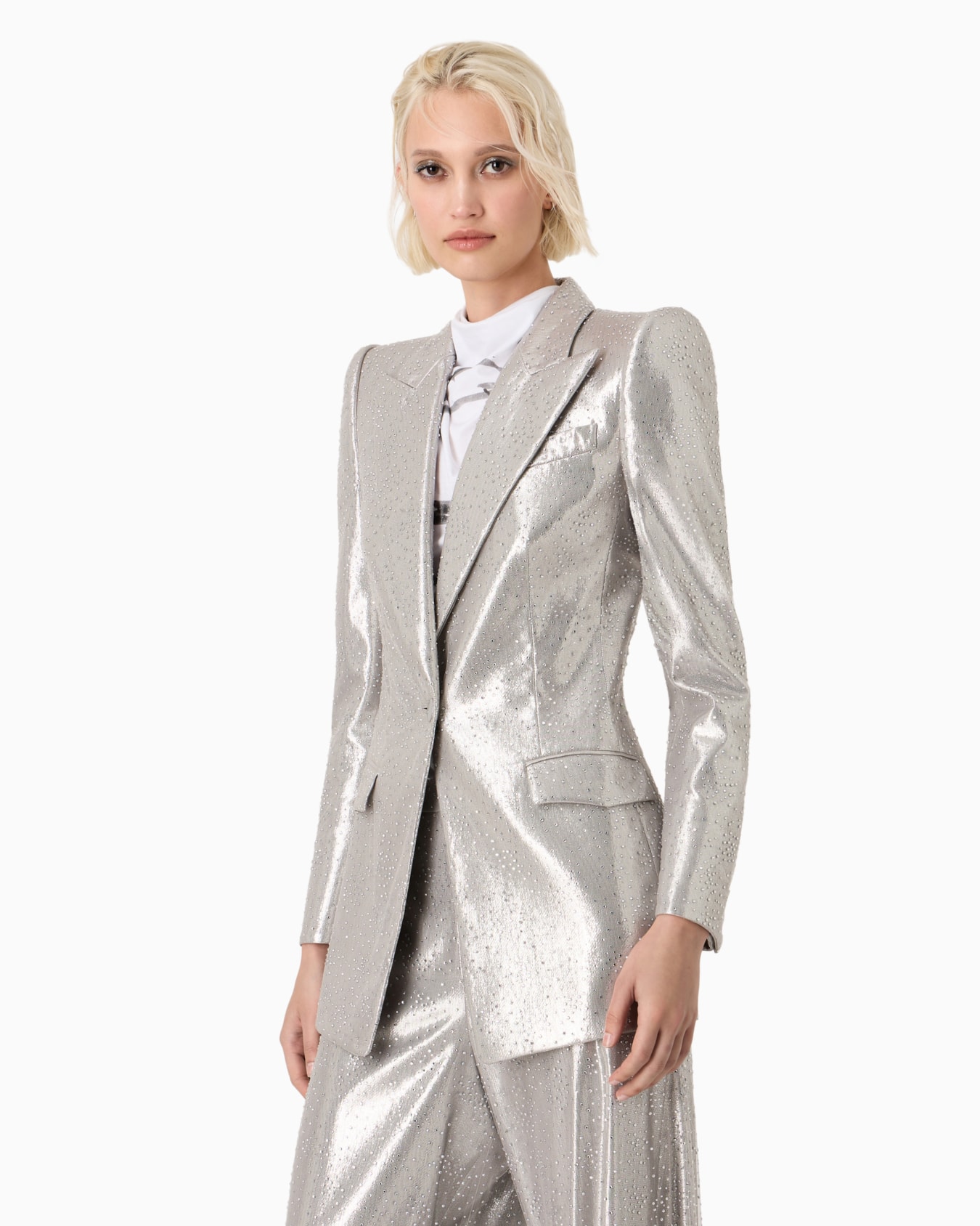 Long single-breasted jacket in silk and tulle with rhinestone embroidery Diapositiva 1