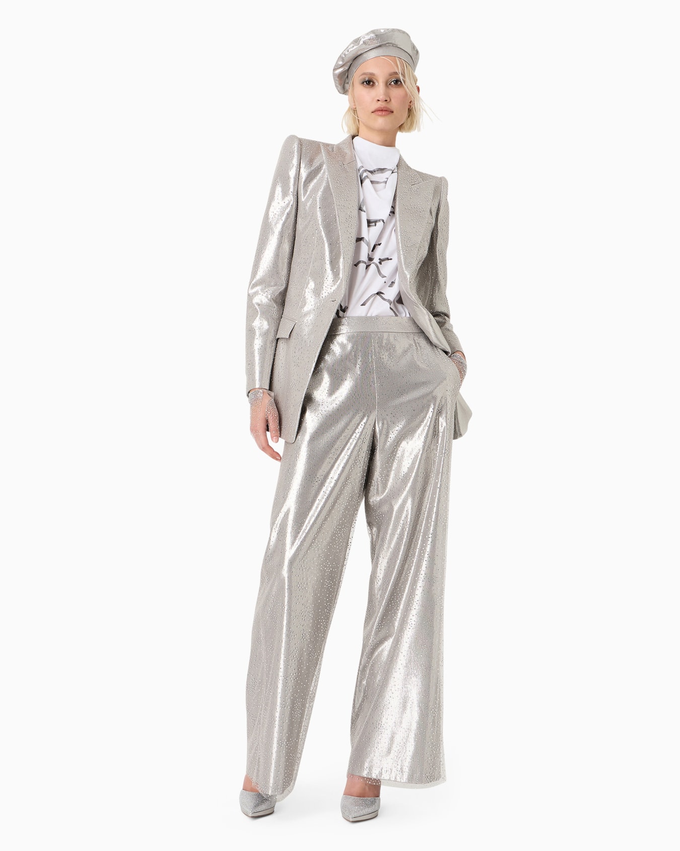 Long single-breasted jacket in silk and tulle with rhinestone embroidery Diapositiva 3