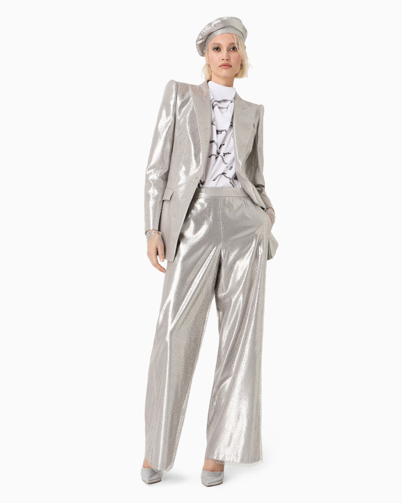 Silk cady wide-leg trousers in silk and tulle with rhinestone embroidery Slide 3