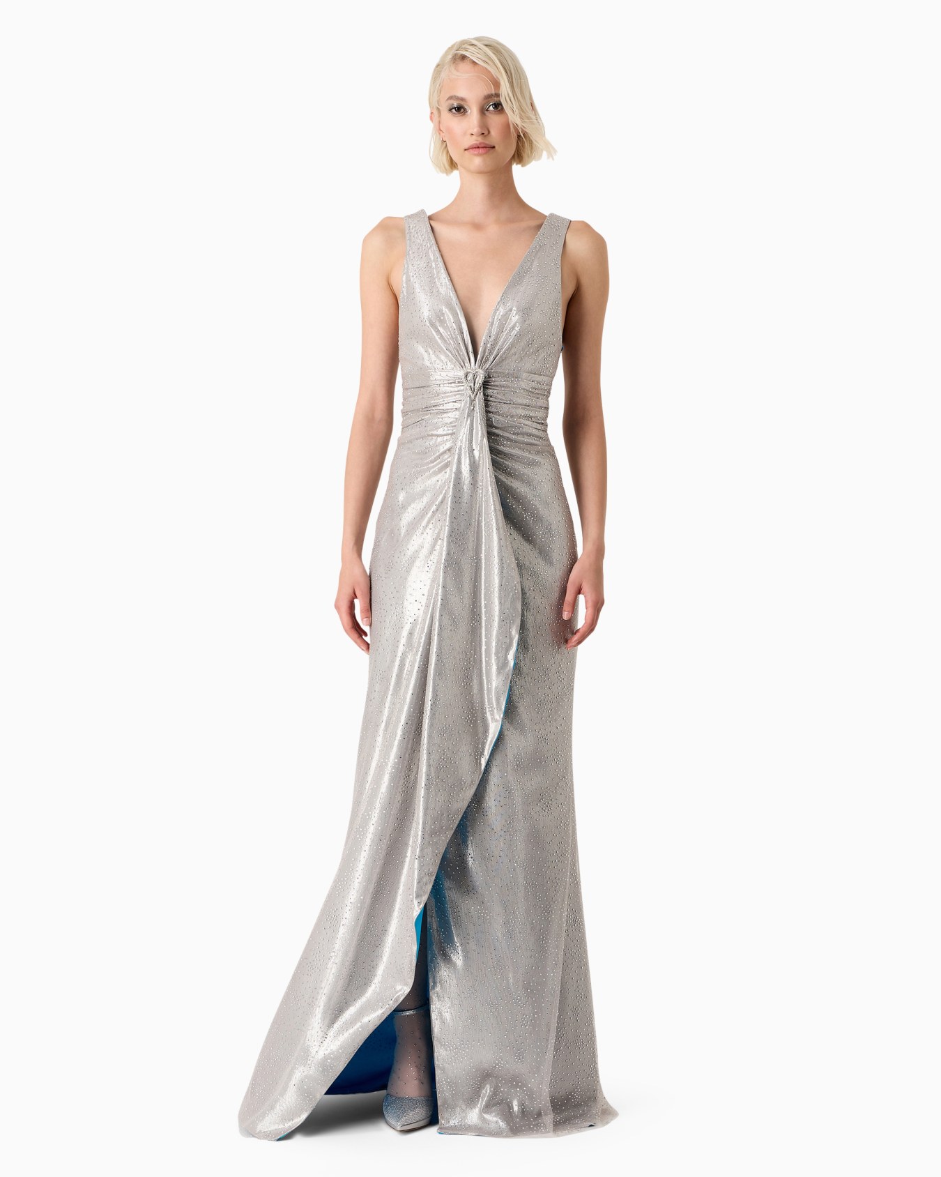 Lurex and tulle long dress with rhinestone embroidery Slide 1
