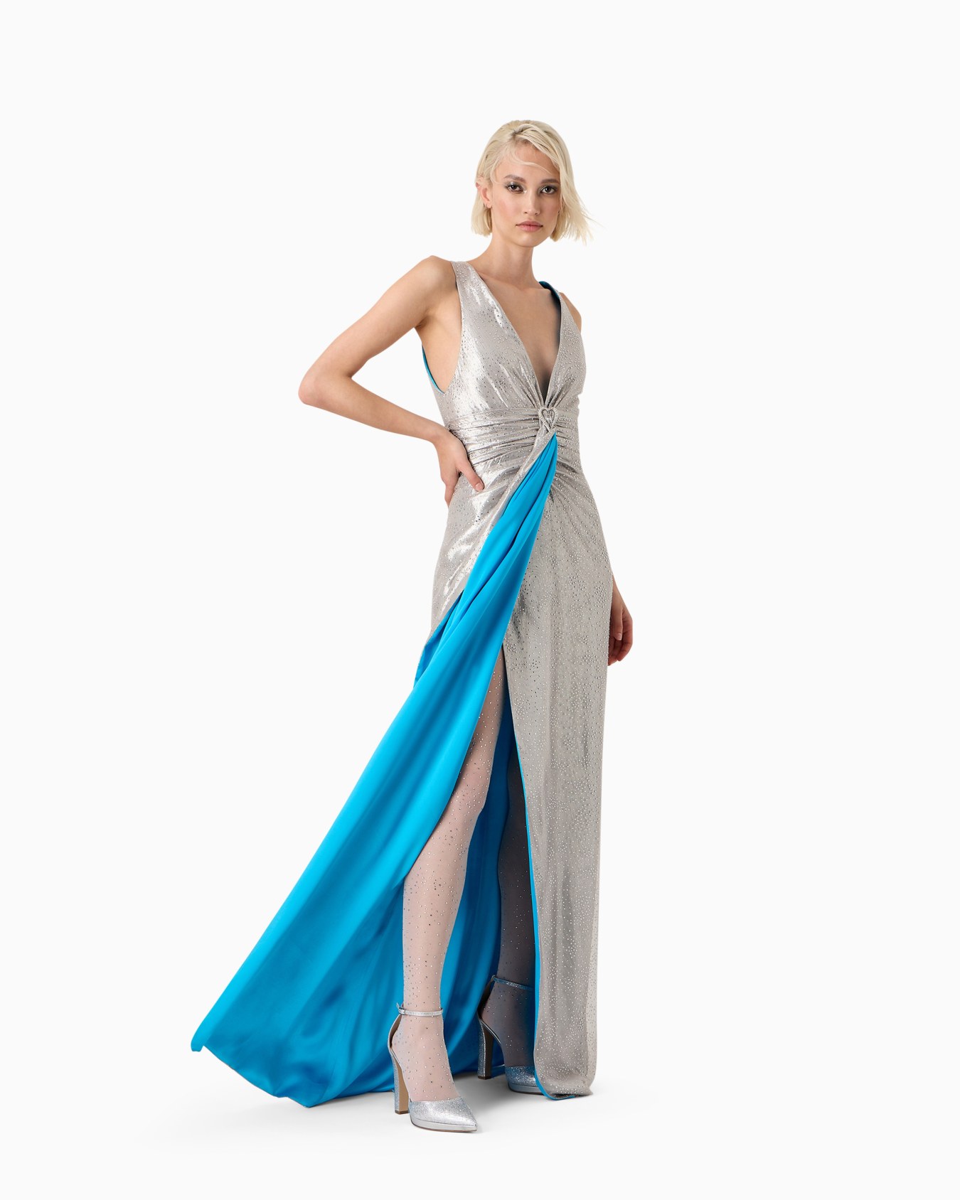 Lurex and tulle long dress with rhinestone embroidery Slide 3