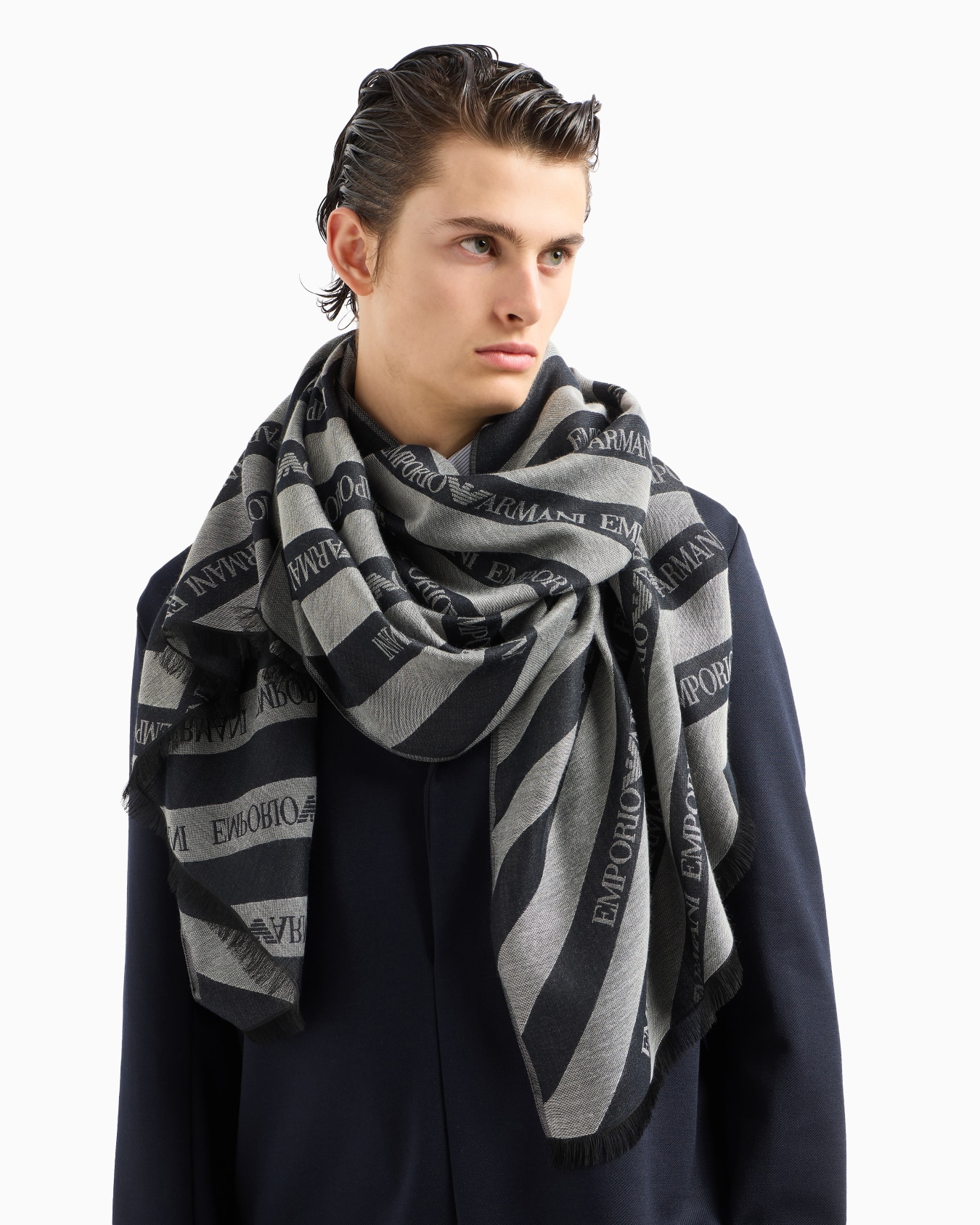 Jacquard modal-blend stole with diagonal logo motif Slide 2