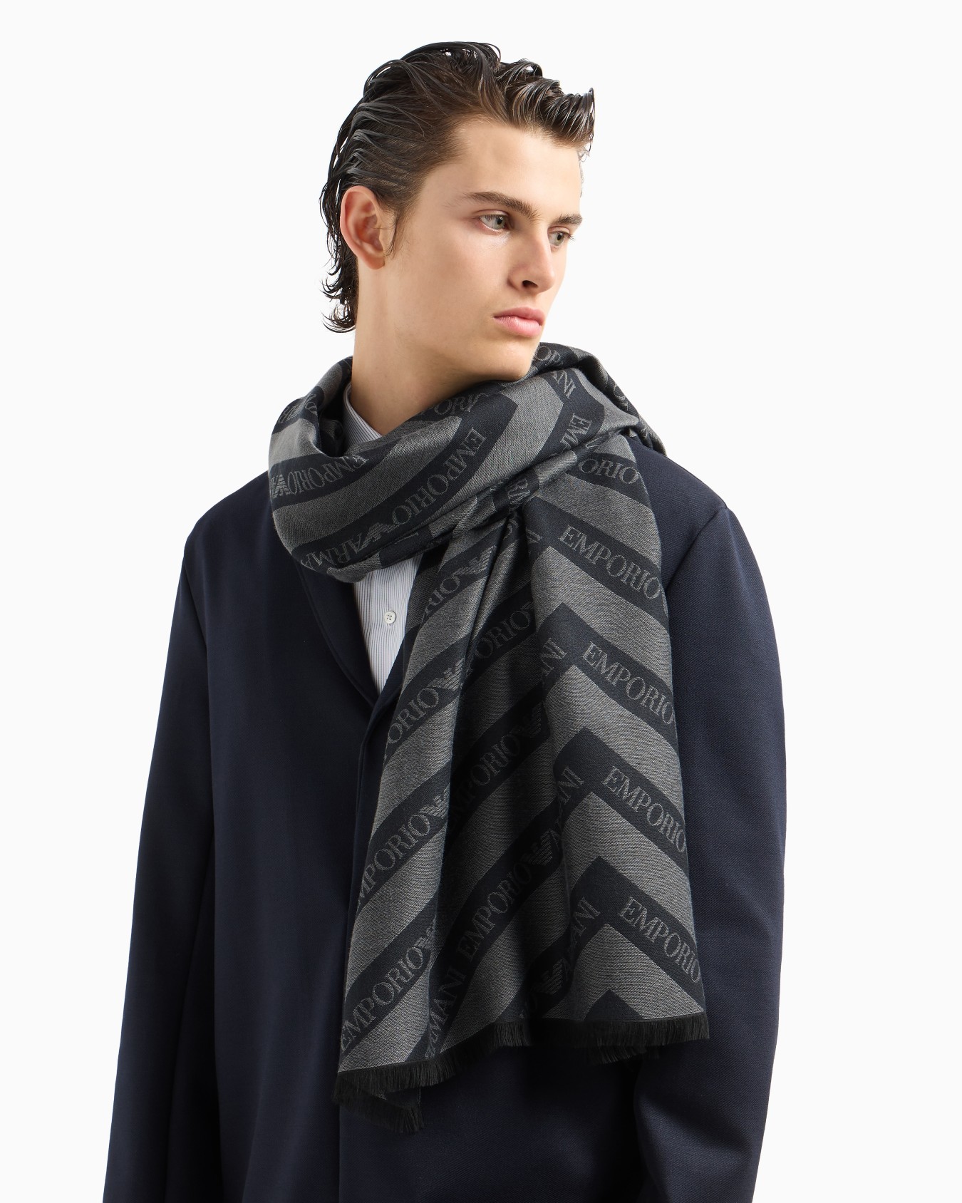 Jacquard modal-blend stole with diagonal logo motif Slide 2