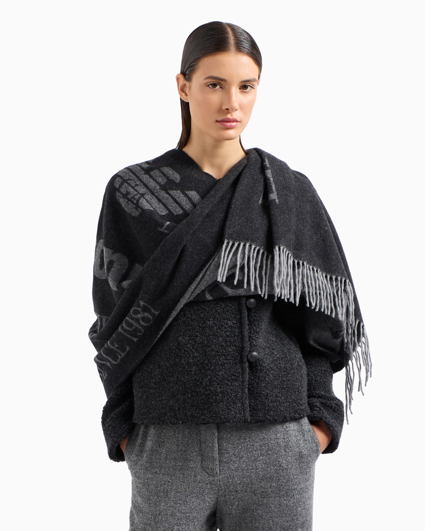 Grande écharpe double face en laine avec logo jacquard Diapositive 2
